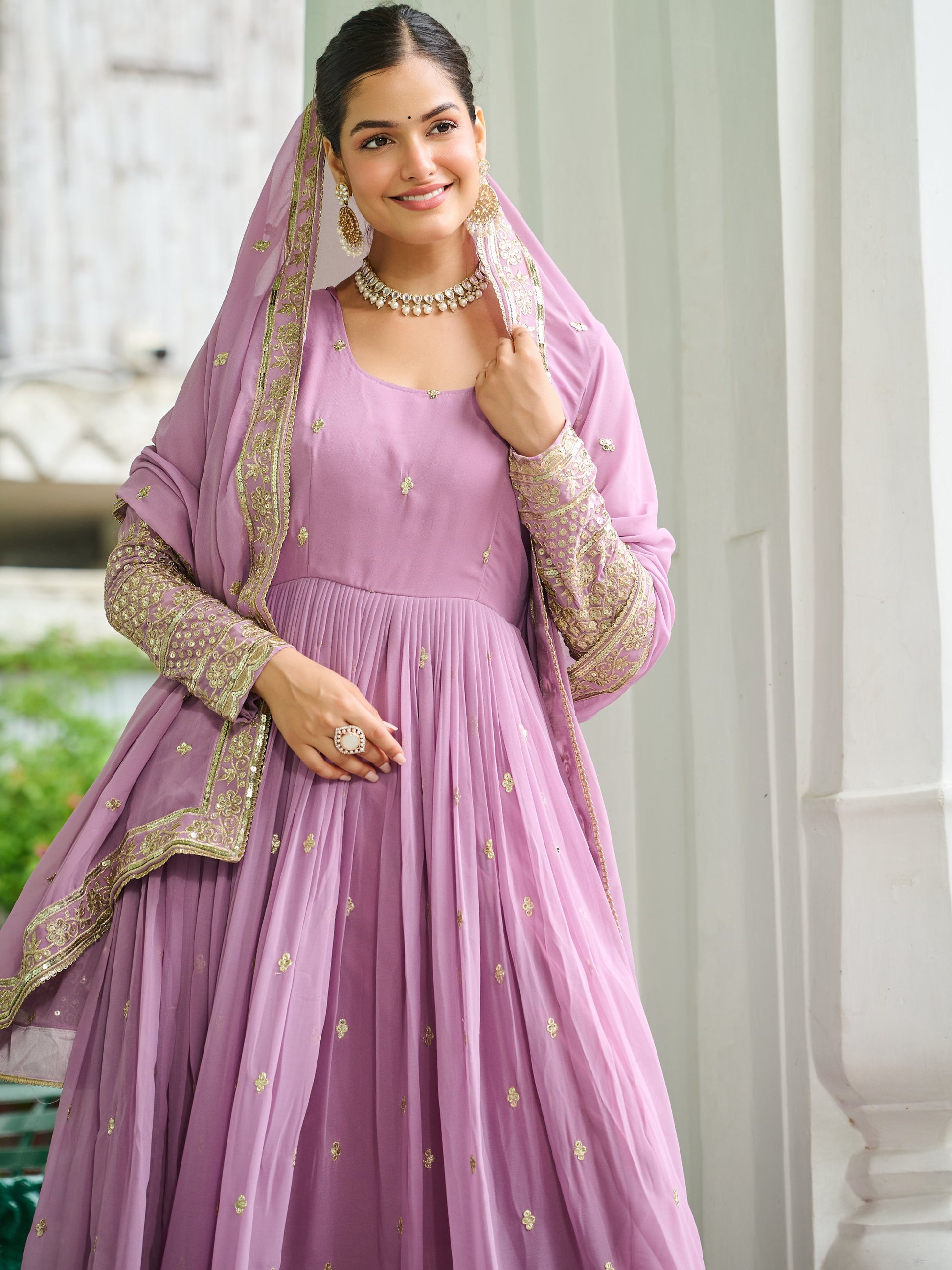 Majestic Baby Pink Sequins Georgette Event Wear Gown With Dupatta