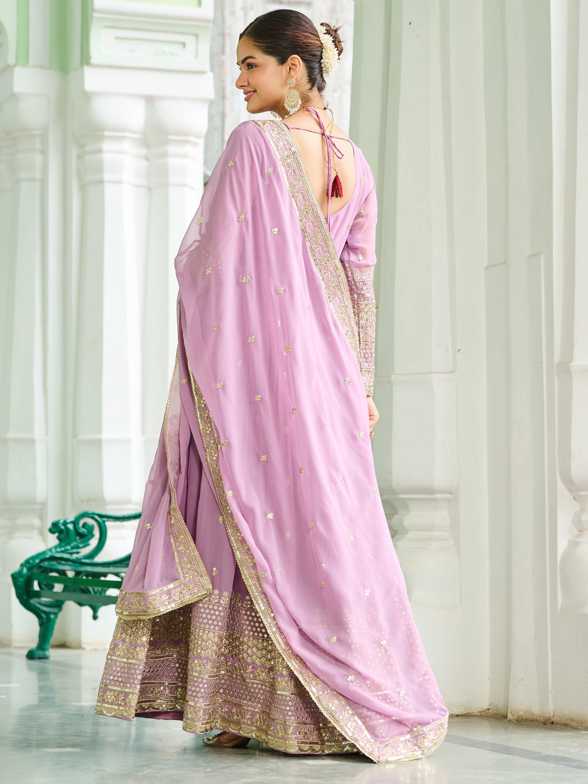 Majestic Baby Pink Sequins Georgette Event Wear Gown With Dupatta