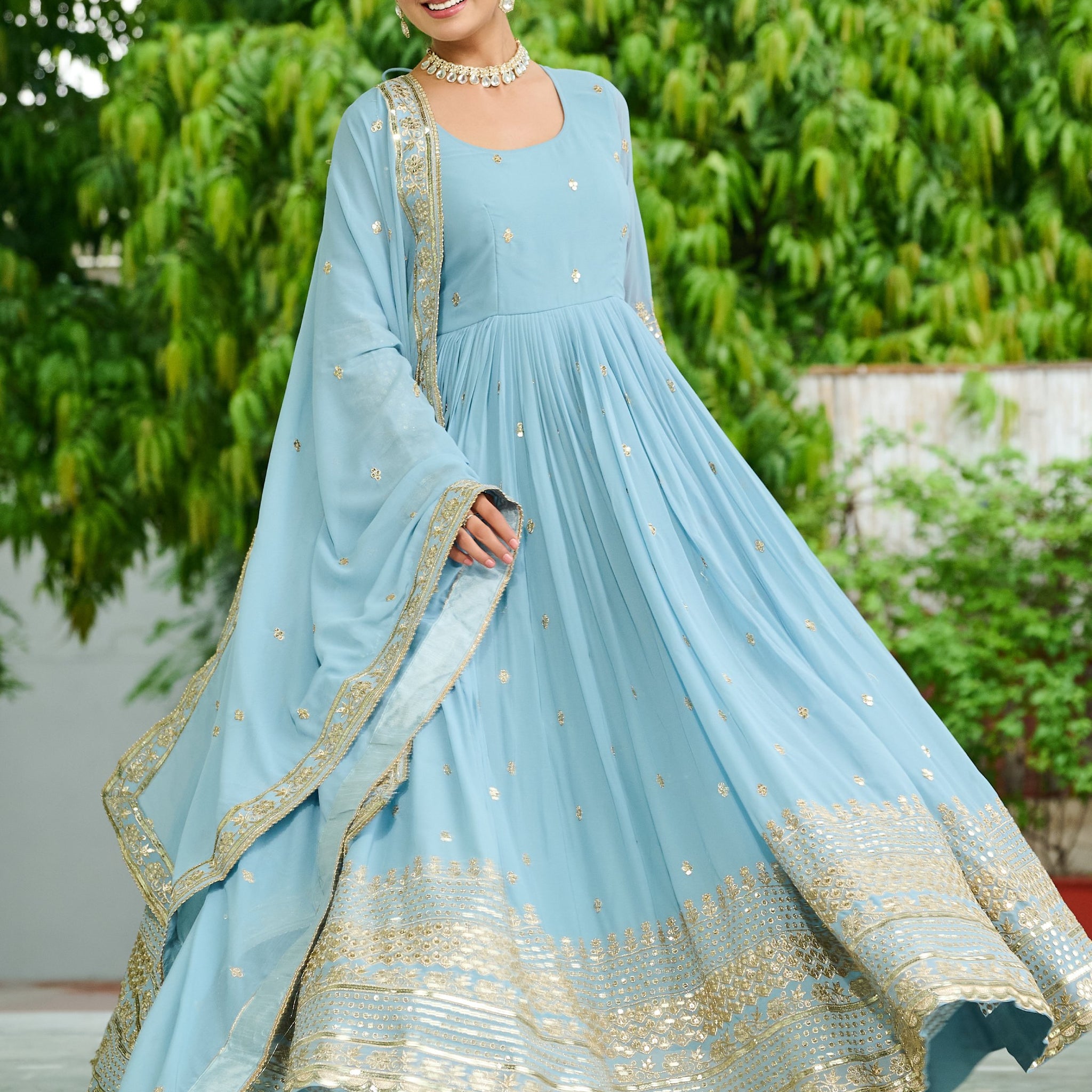 Impressive Sky Blue Embroidered Georgette Wedding Wear Gown With Dupatta