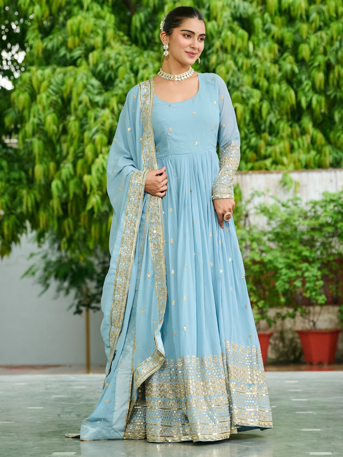 Impressive Sky Blue Embroidered Georgette Wedding Wear Gown With Dupatta