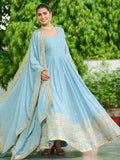 Impressive Sky Blue Embroidered Georgette Wedding Wear Gown With Dupatta