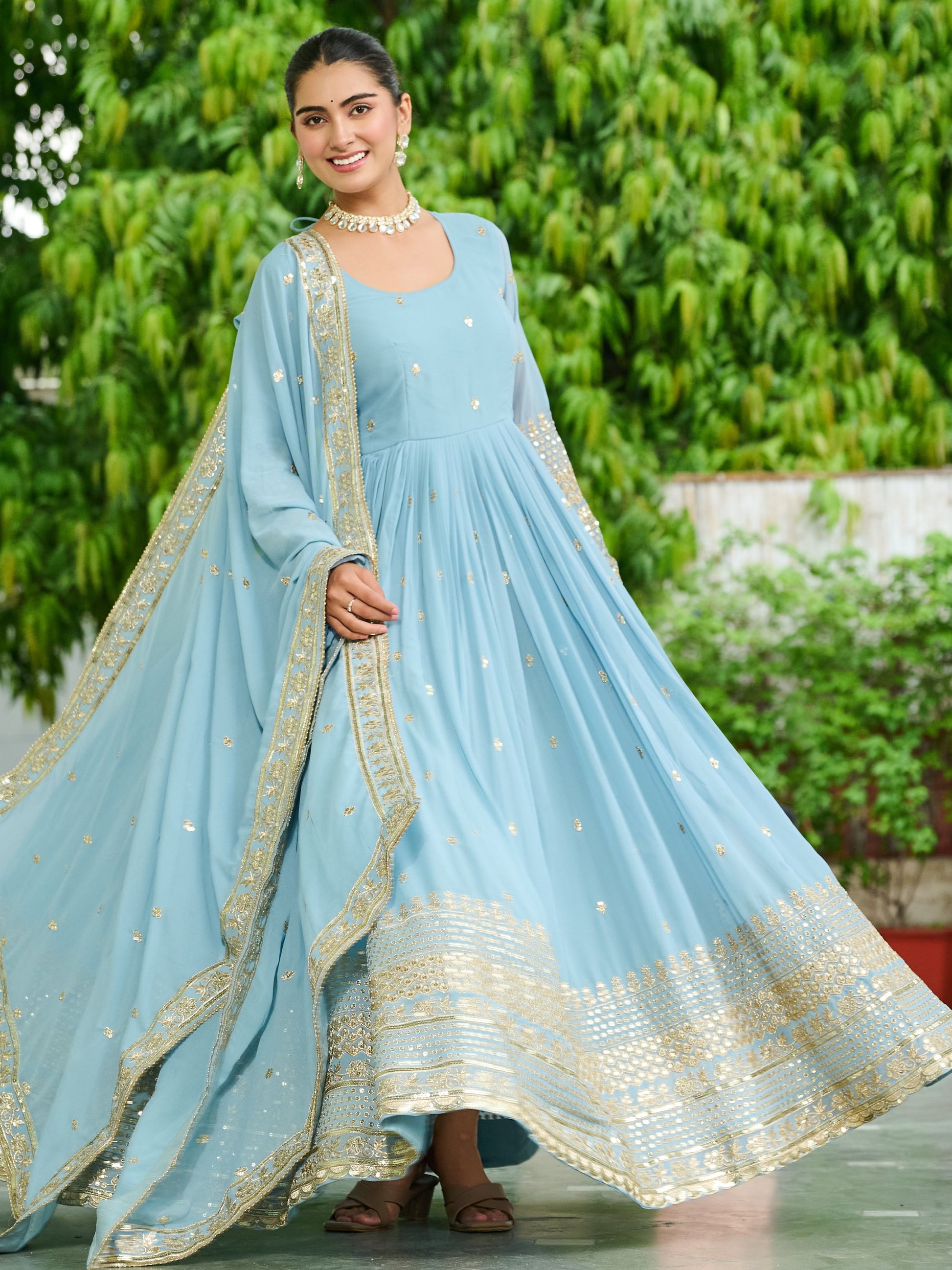 Impressive Sky Blue Embroidered Georgette Wedding Wear Gown With Dupatta