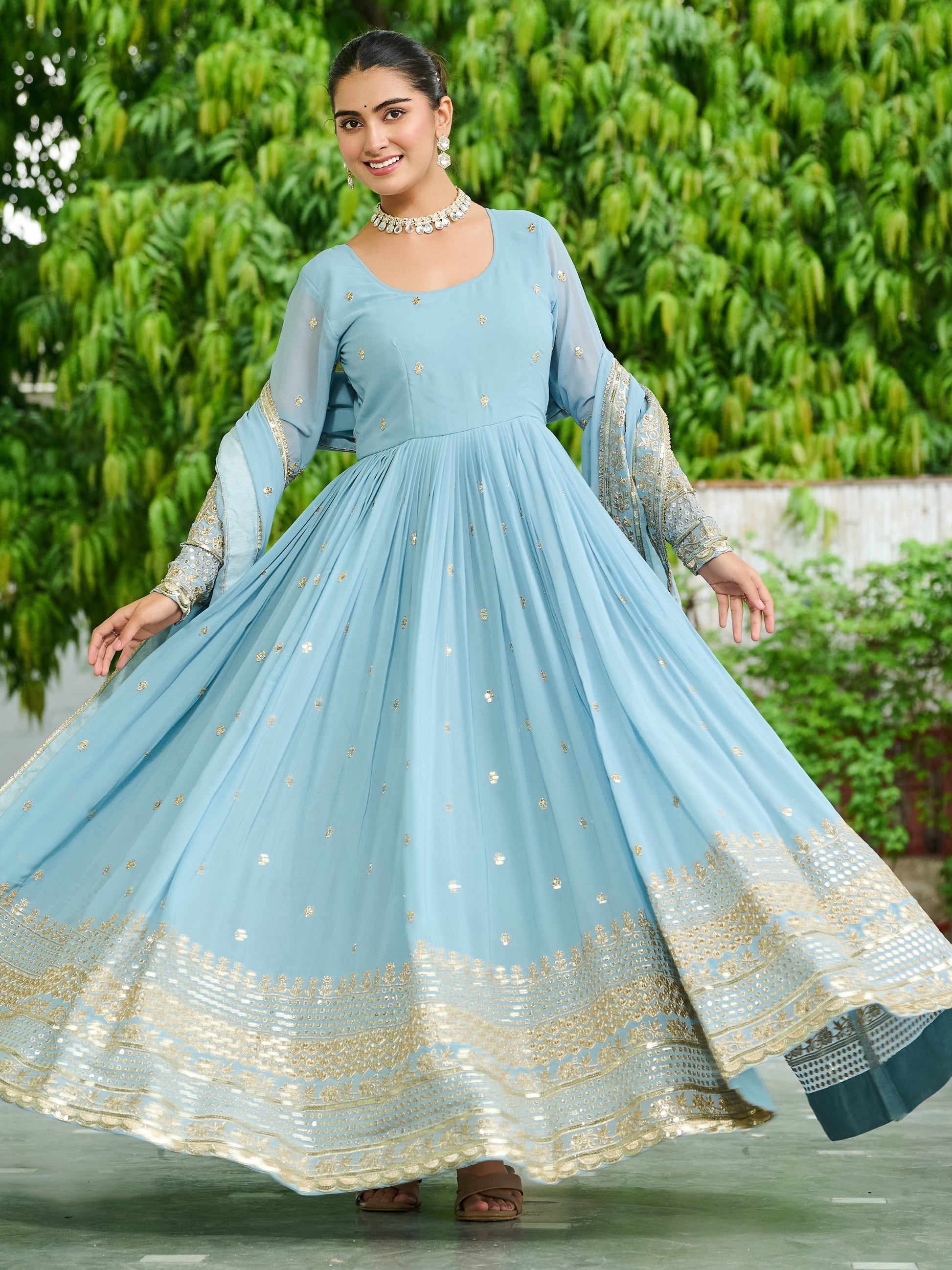 Impressive Sky Blue Embroidered Georgette Wedding Wear Gown With Dupatta