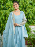 Impressive Sky Blue Embroidered Georgette Wedding Wear Gown With Dupatta