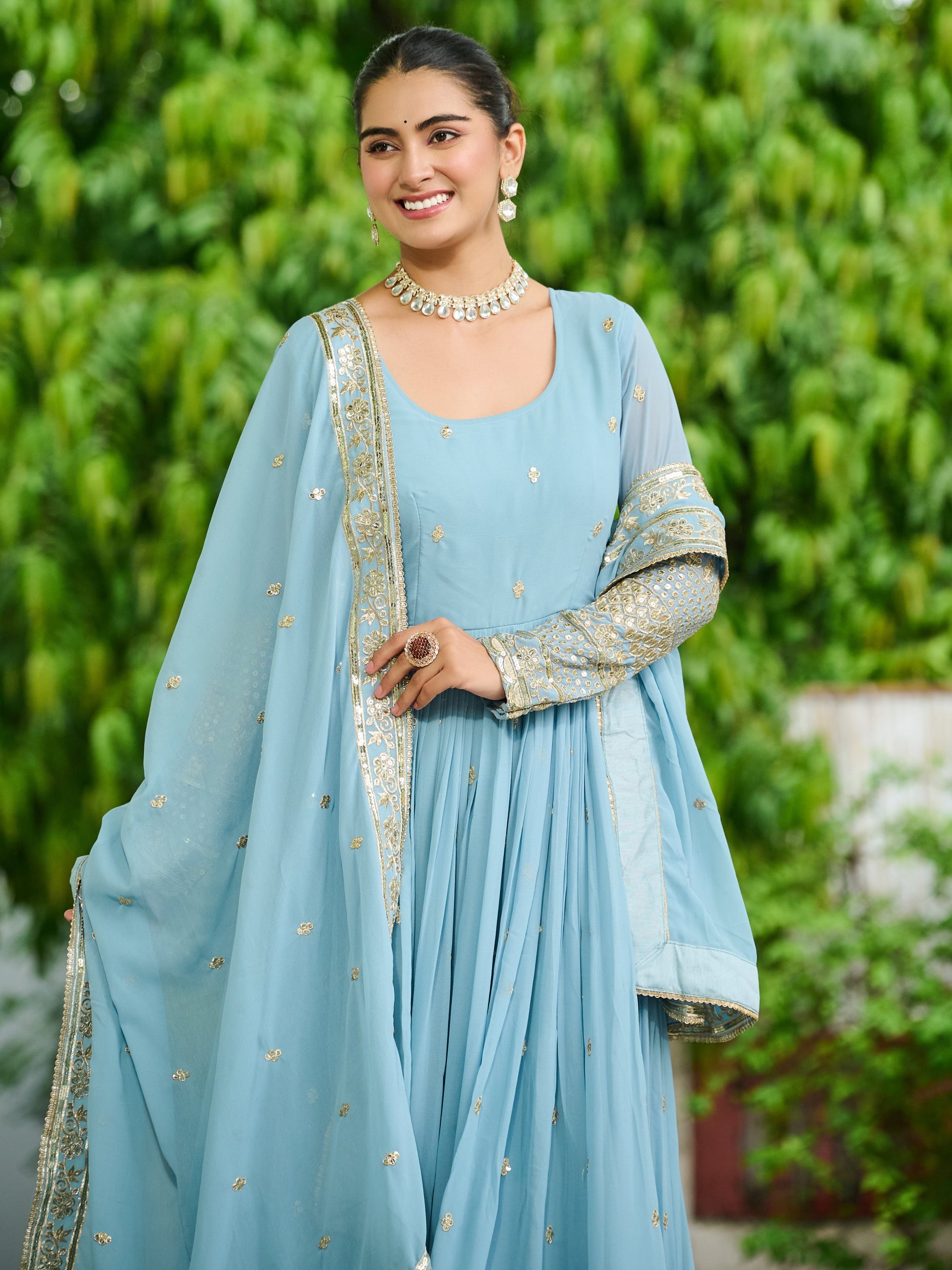 Impressive Sky Blue Embroidered Georgette Wedding Wear Gown With Dupatta