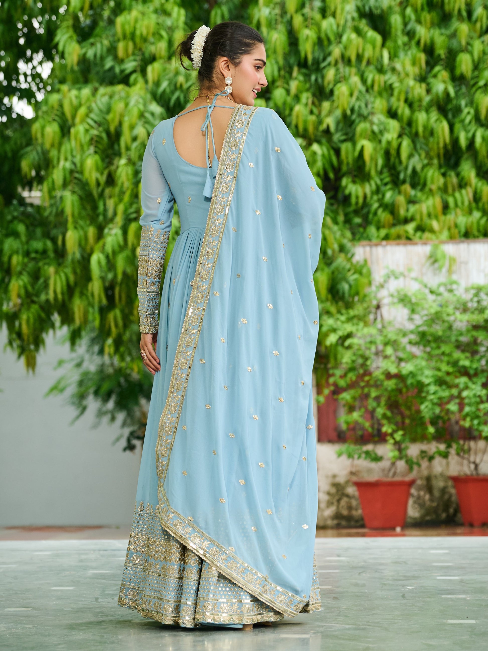 Impressive Sky Blue Embroidered Georgette Wedding Wear Gown With Dupatta