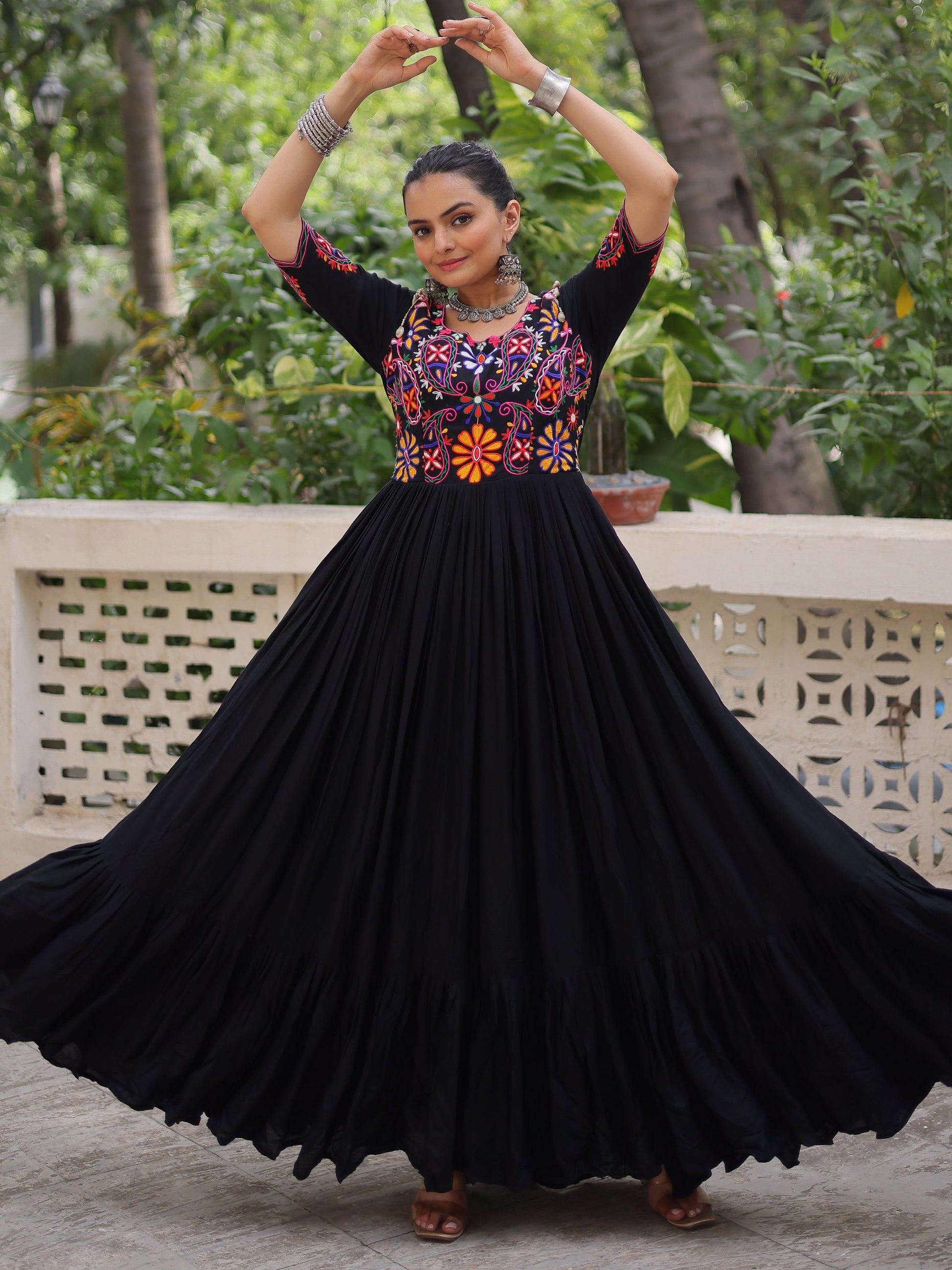 Tremendous Black Kutchi Gamthi Work Rayon Navratri Special Gown