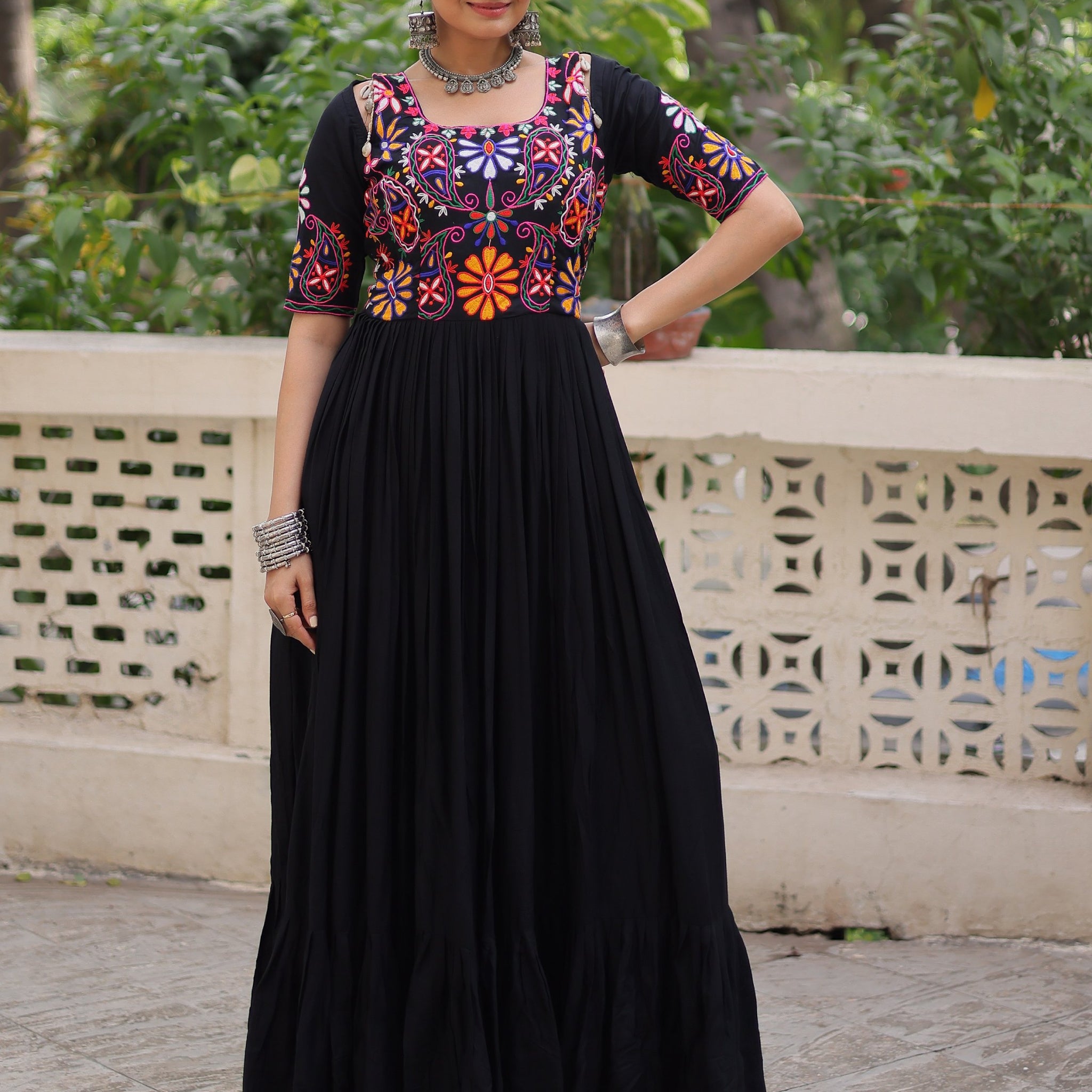 Tremendous Black Kutchi Gamthi Work Rayon Navratri Special Gown