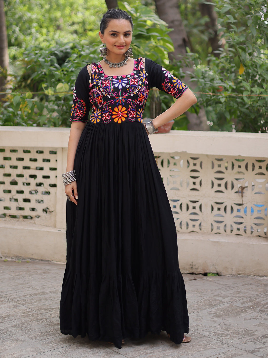 Tremendous Black Kutchi Gamthi Work Rayon Navratri Special Gown