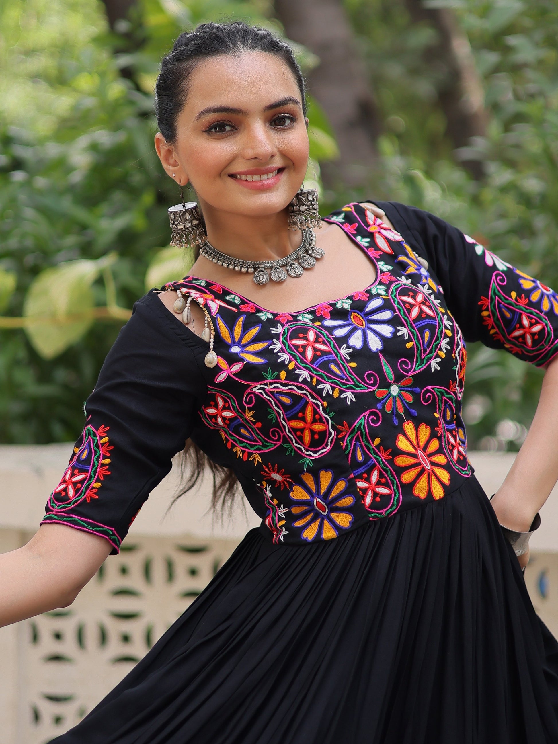 Tremendous Black Kutchi Gamthi Work Rayon Navratri Special Gown