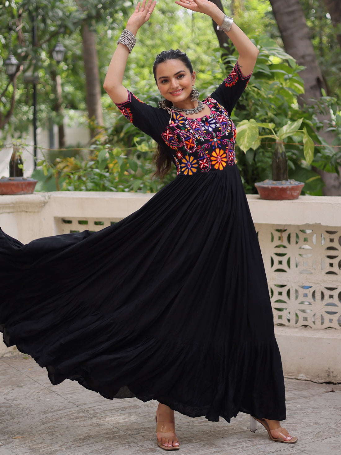 Tremendous Black Kutchi Gamthi Work Rayon Navratri Special Gown