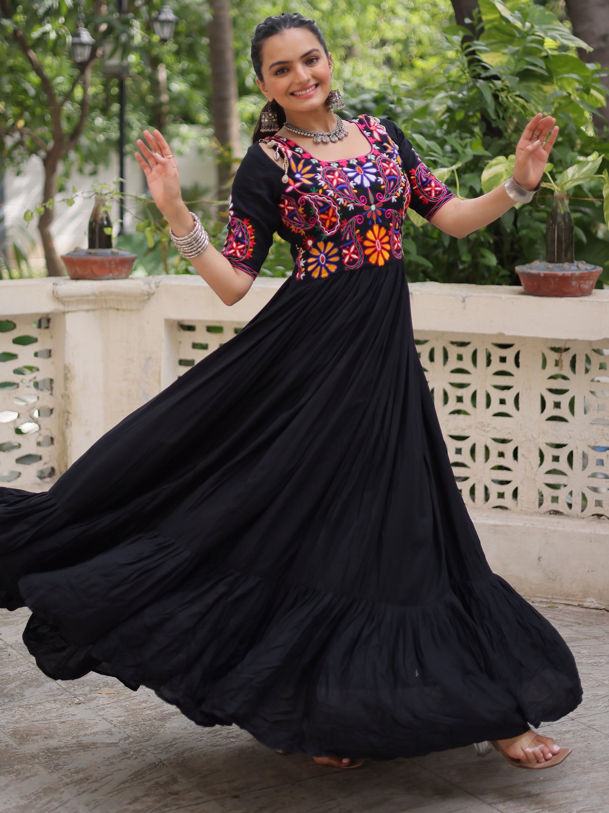 Tremendous Black Kutchi Gamthi Work Rayon Navratri Special Gown