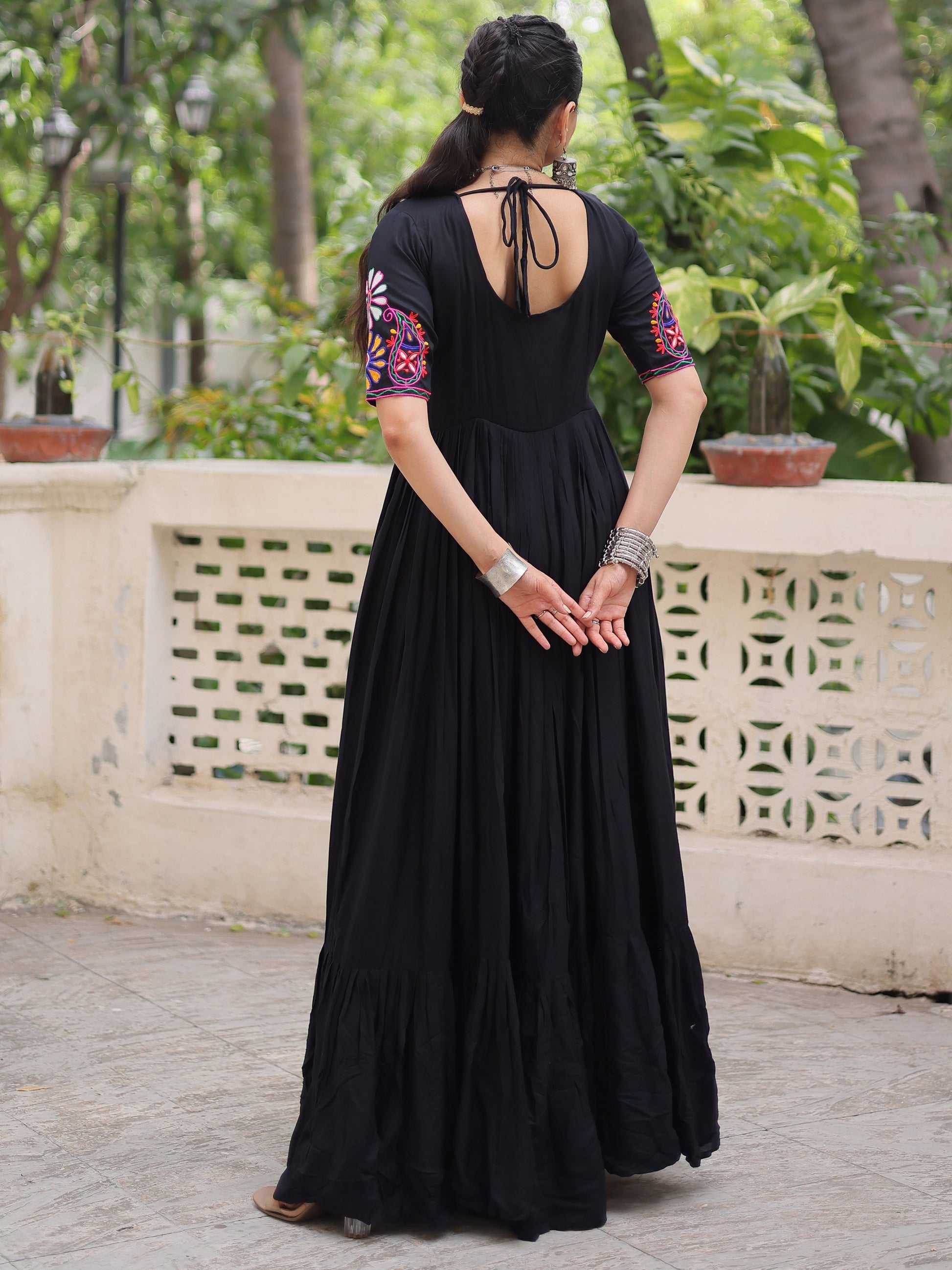 Tremendous Black Kutchi Gamthi Work Rayon Navratri Special Gown