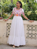 Glorious White Kutchi Gamthi Work Rayon Navratri Wear Gown