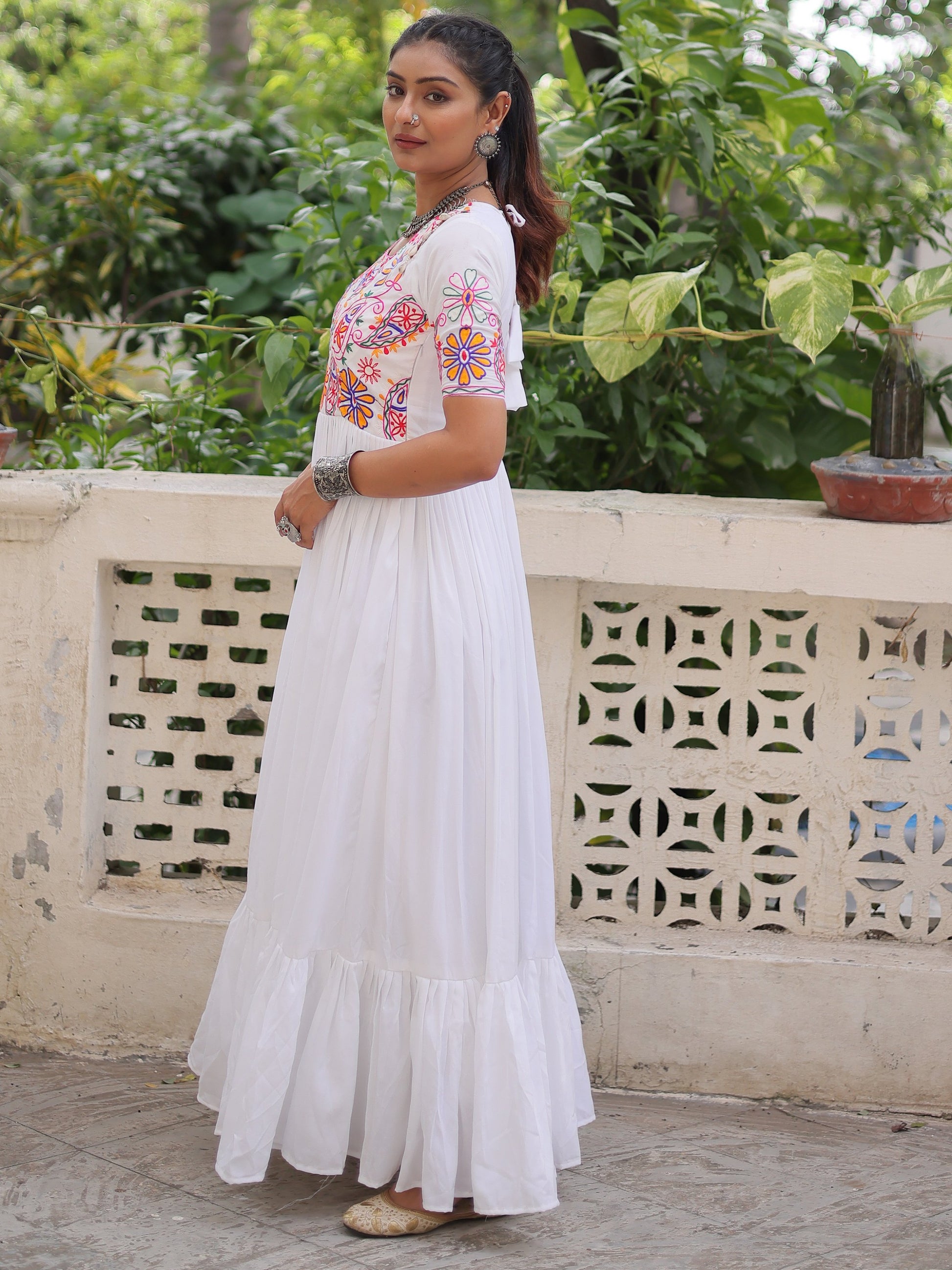Glorious White Kutchi Gamthi Work Rayon Navratri Wear Gown