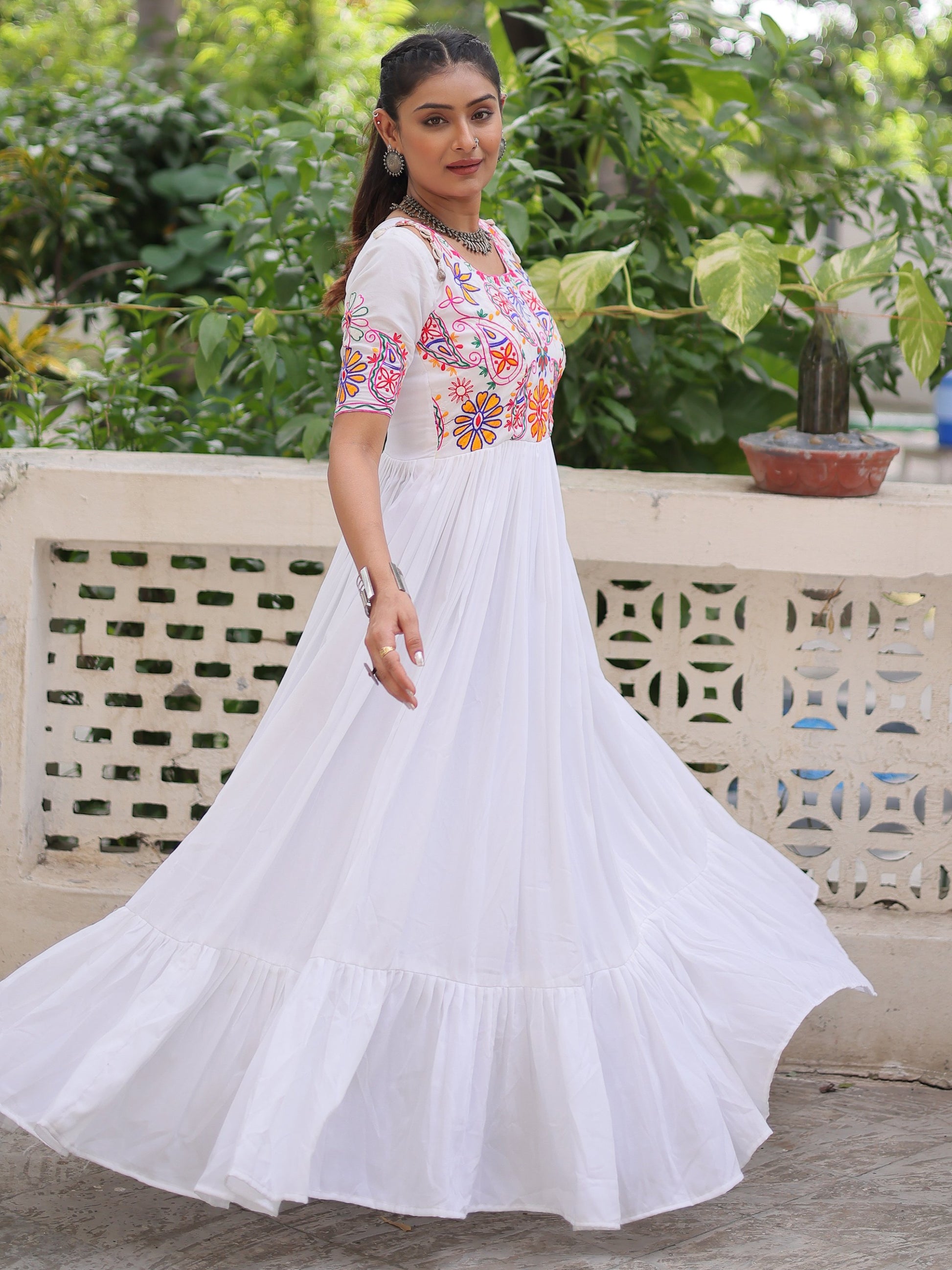 Glorious White Kutchi Gamthi Work Rayon Navratri Wear Gown