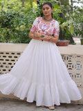 Glorious White Kutchi Gamthi Work Rayon Navratri Wear Gown