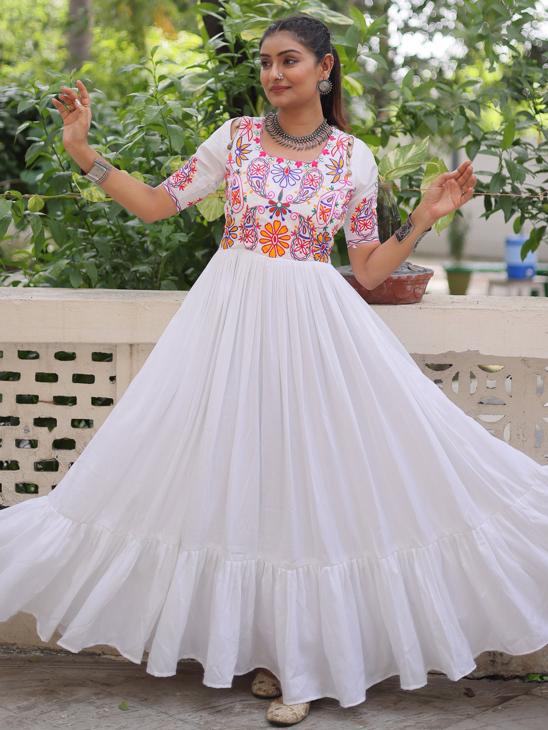 Glorious White Kutchi Gamthi Work Rayon Navratri Wear Gown