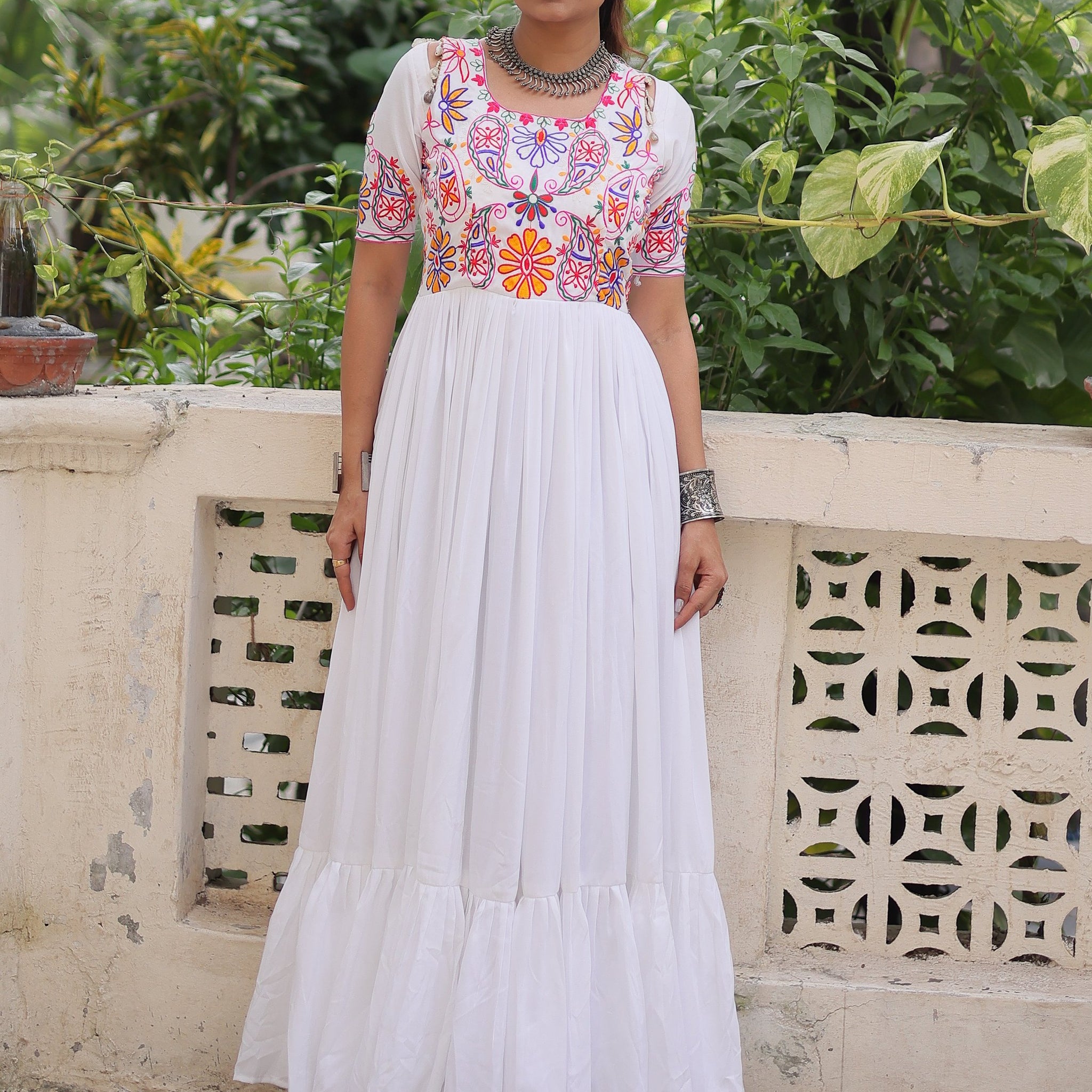 Glorious White Kutchi Gamthi Work Rayon Navratri Wear Gown