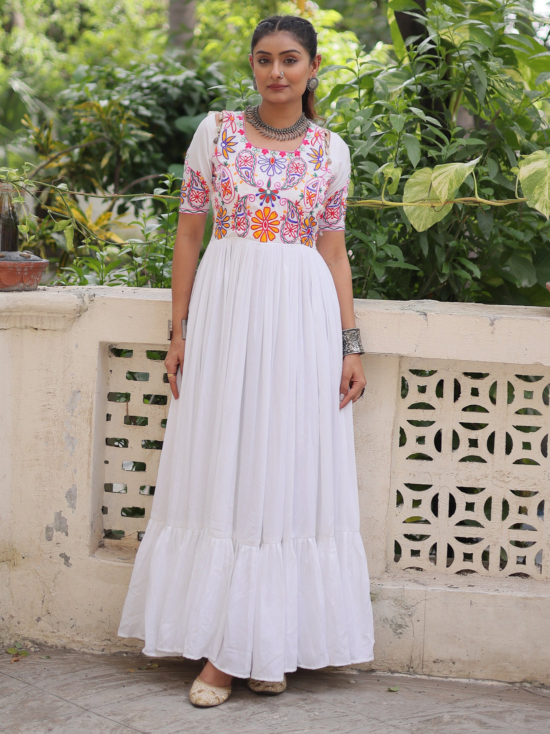 Glorious White Kutchi Gamthi Work Rayon Navratri Wear Gown