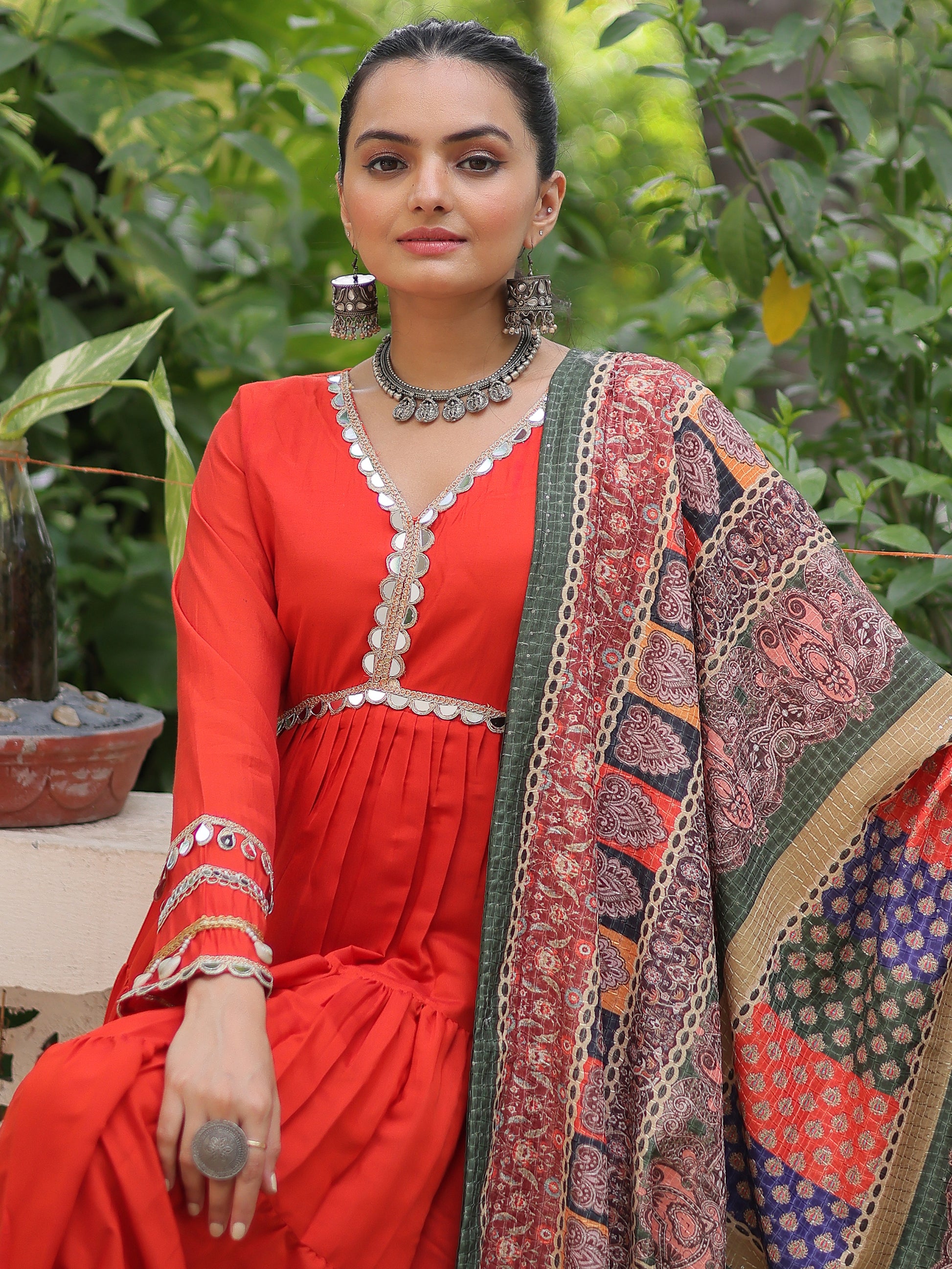 Phenomenal Orange Lace Work Roman Silk Traditional Gown With Dupatta
