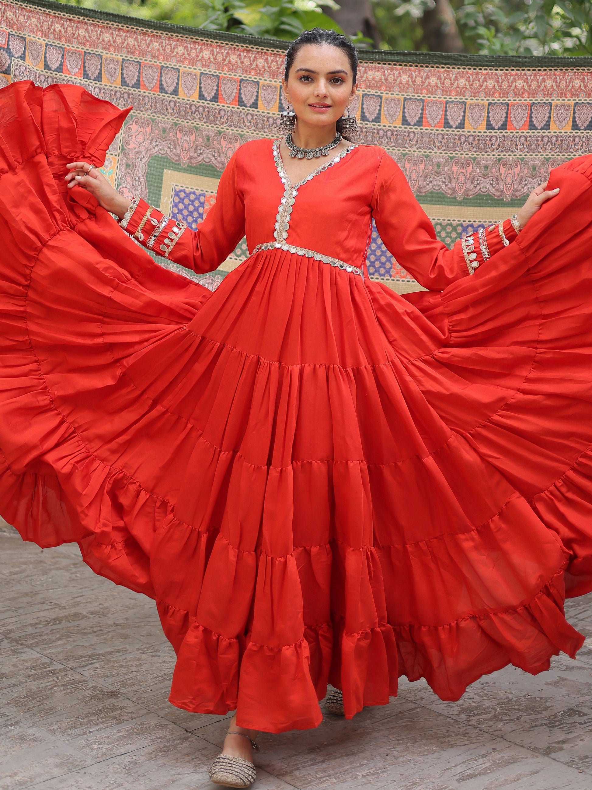 Phenomenal Orange Lace Work Roman Silk Traditional Gown With Dupatta
