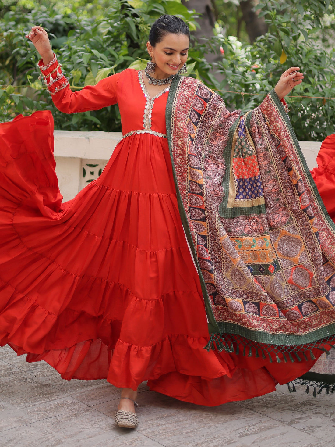 Phenomenal Orange Lace Work Roman Silk Traditional Gown With Dupatta