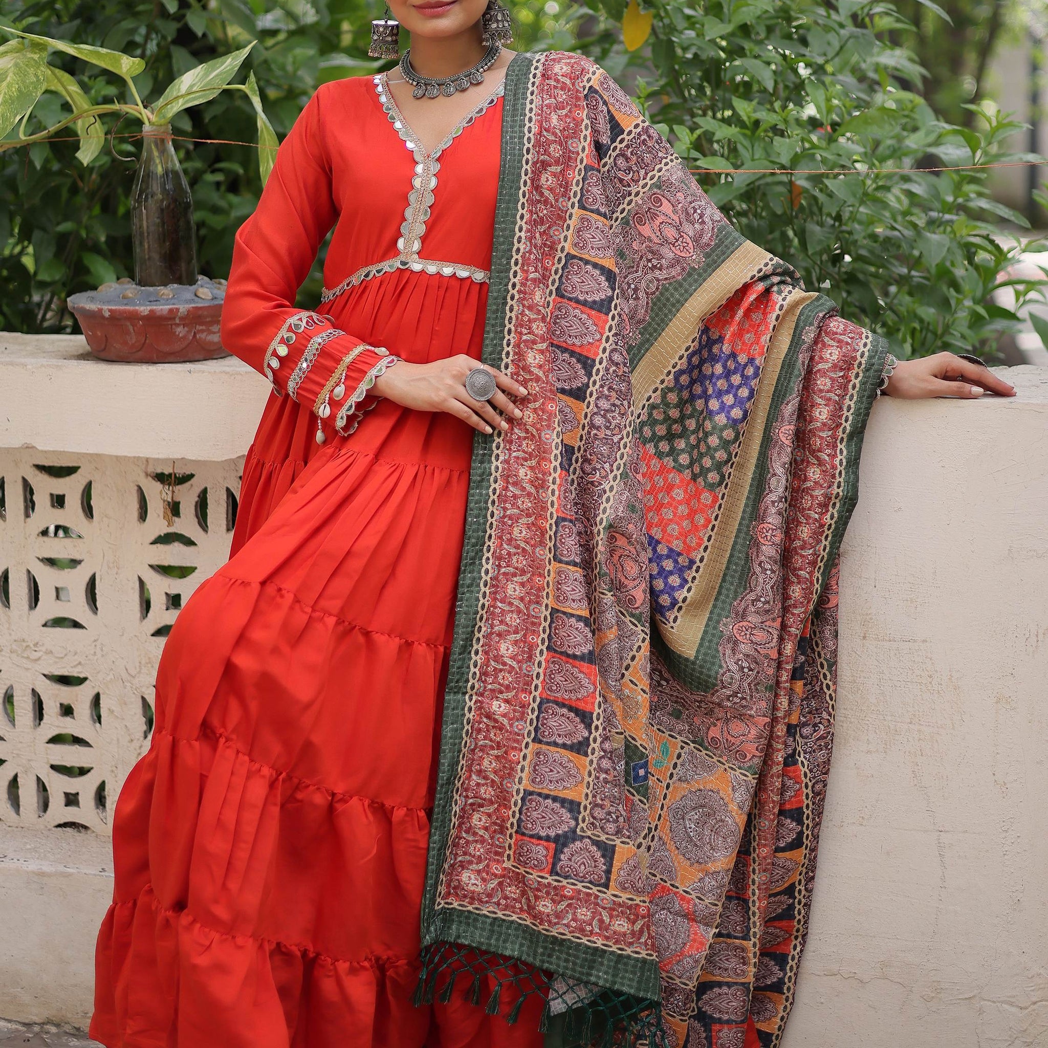 Phenomenal Orange Lace Work Roman Silk Traditional Gown With Dupatta