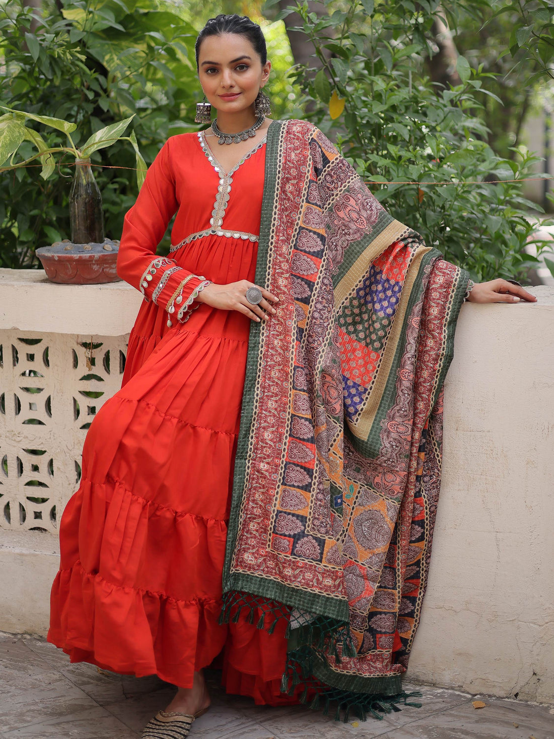 Phenomenal Orange Lace Work Roman Silk Traditional Gown With Dupatta