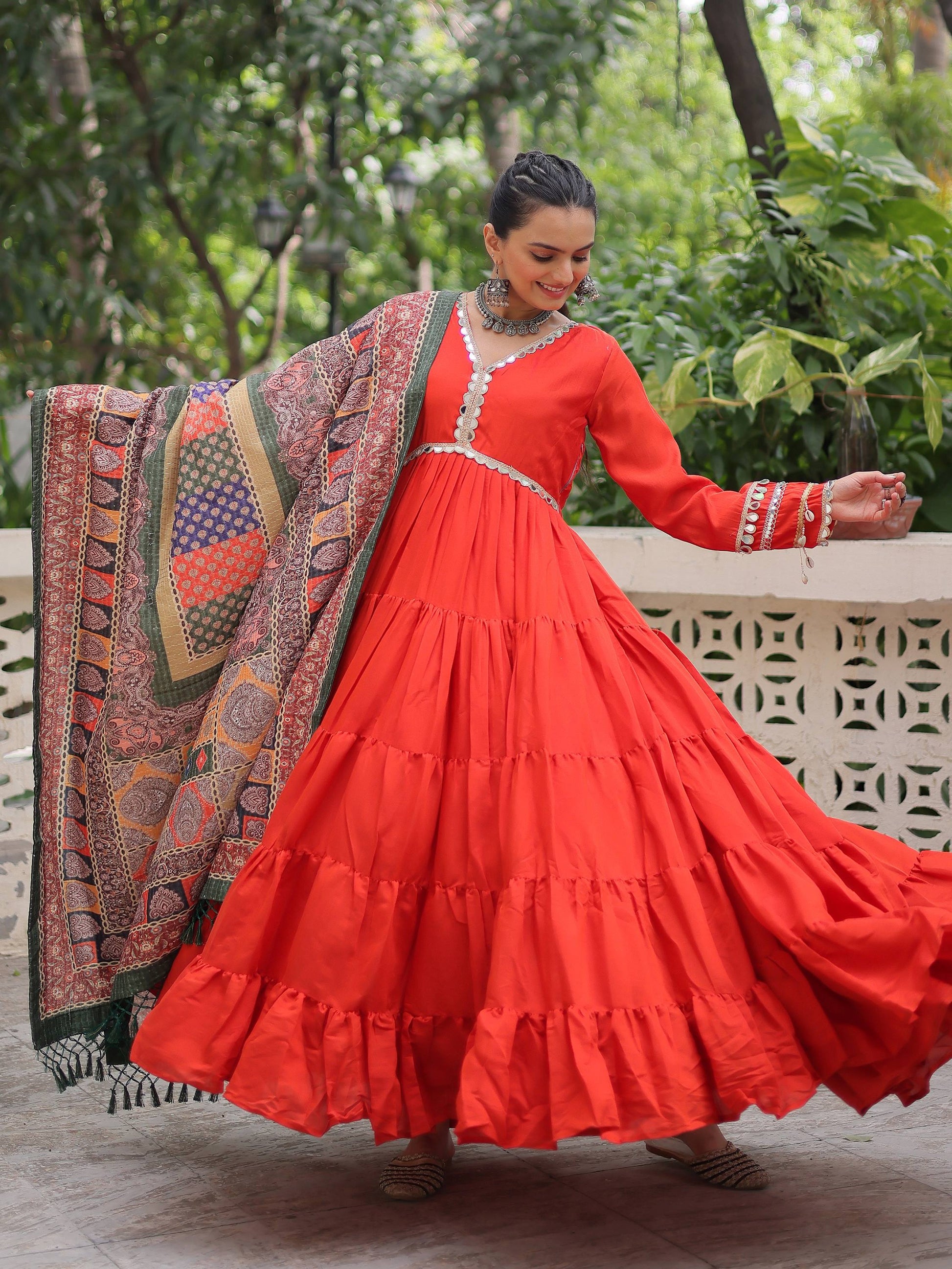 Phenomenal Orange Lace Work Roman Silk Traditional Gown With Dupatta