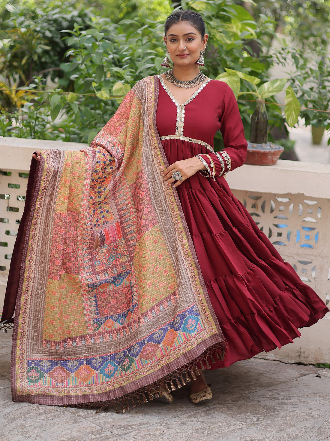 Wonderful Maroon Lace Work Roman Silk Wedding Wear Gown With Dupatta