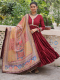 Wonderful Maroon Lace Work Roman Silk Wedding Wear Gown With Dupatta