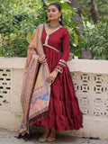 Wonderful Maroon Lace Work Roman Silk Wedding Wear Gown With Dupatta