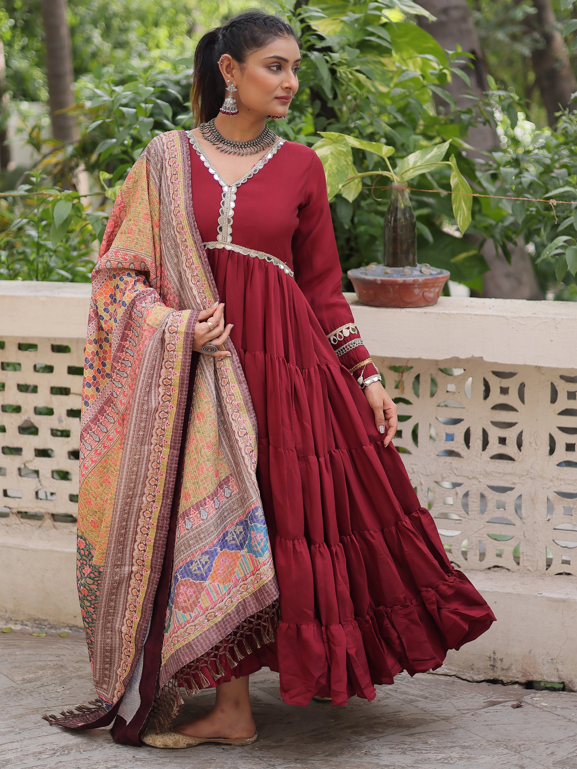 Wonderful Maroon Lace Work Roman Silk Wedding Wear Gown With Dupatta