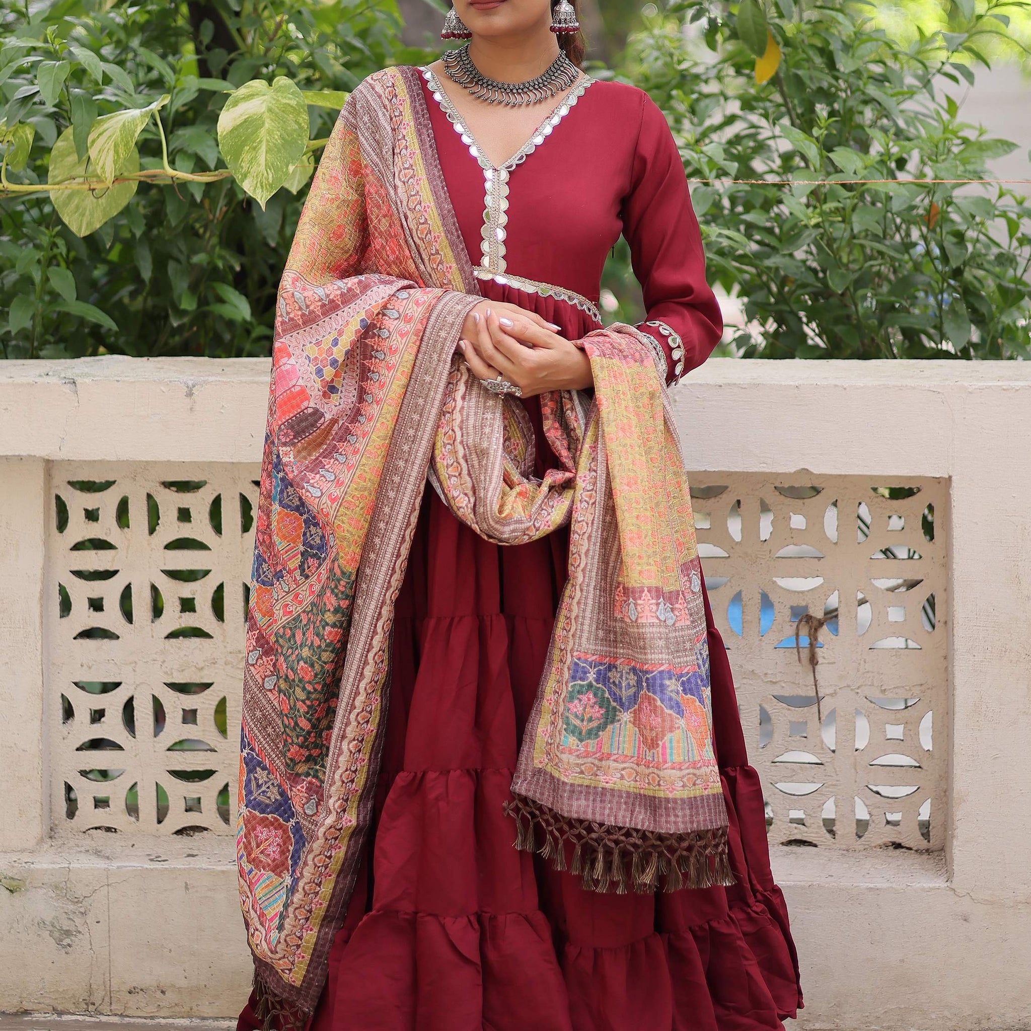 Wonderful Maroon Lace Work Roman Silk Wedding Wear Gown With Dupatta