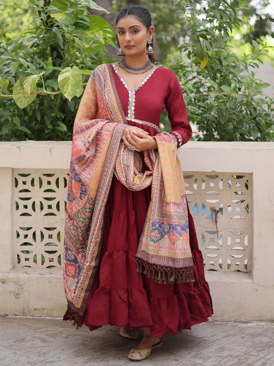 Wonderful Maroon Lace Work Roman Silk Wedding Wear Gown With Dupatta