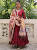 Wonderful Maroon Lace Work Roman Silk Wedding Wear Gown With Dupatta