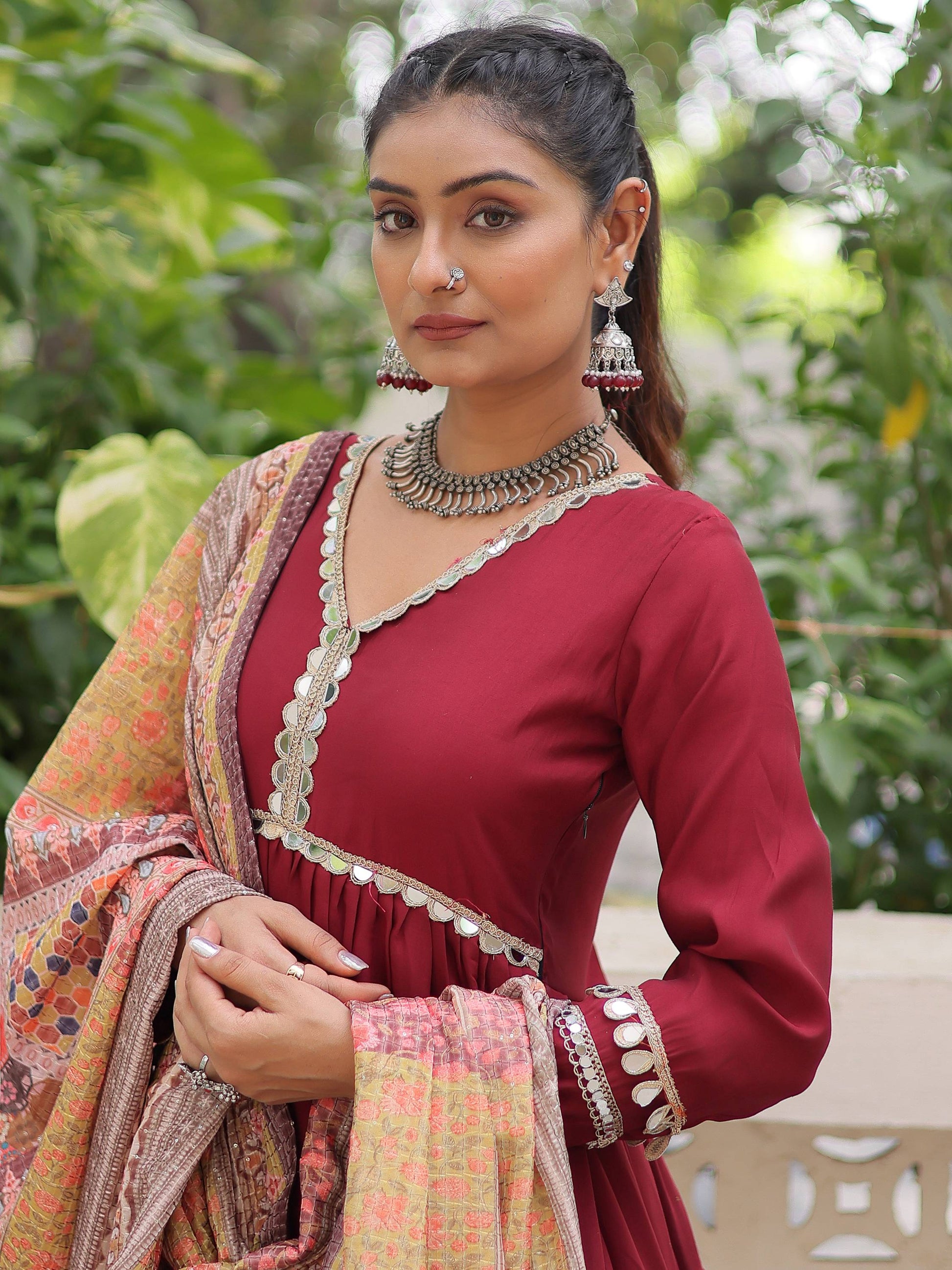 Wonderful Maroon Lace Work Roman Silk Wedding Wear Gown With Dupatta