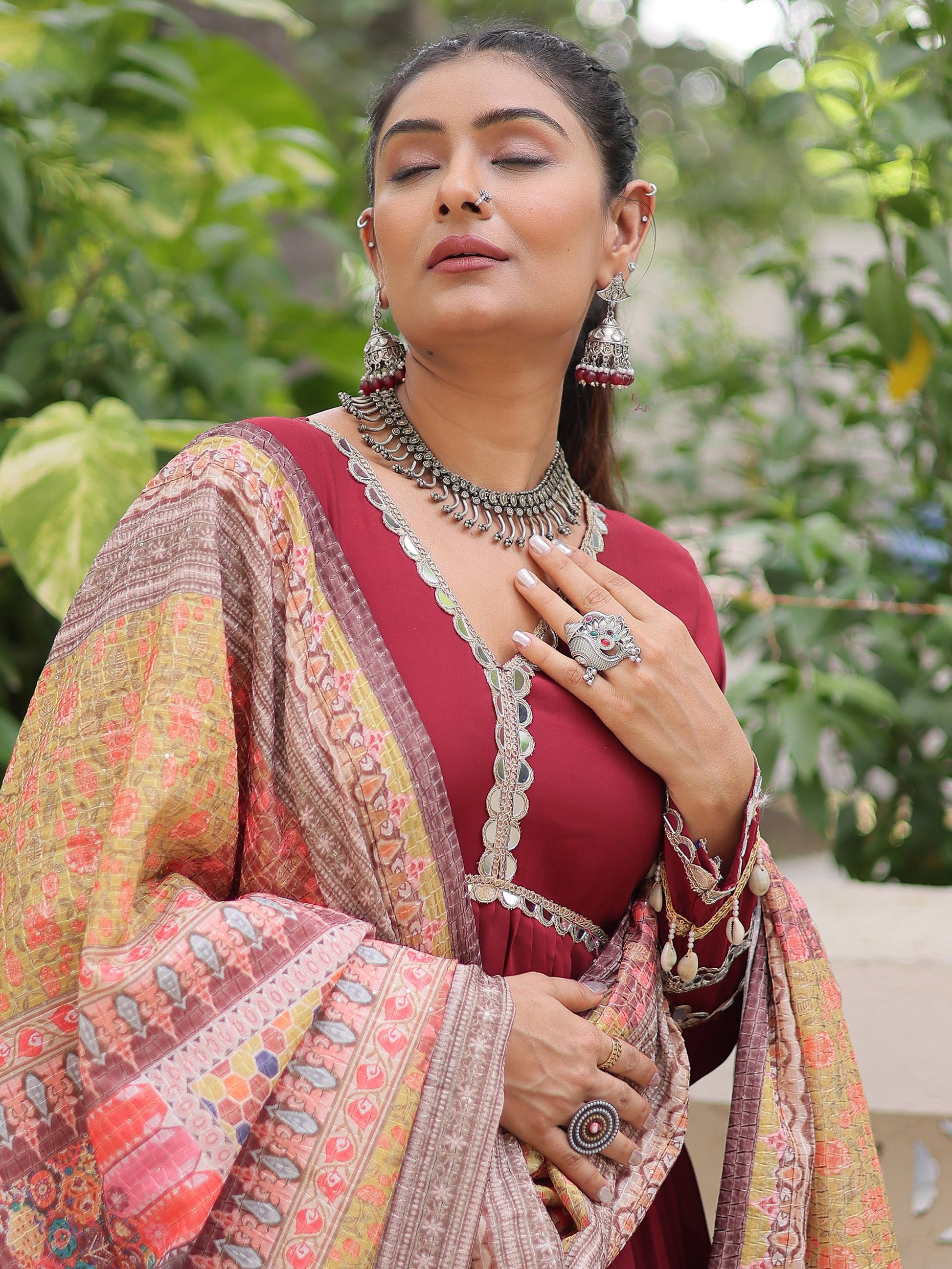 Wonderful Maroon Lace Work Roman Silk Wedding Wear Gown With Dupatta