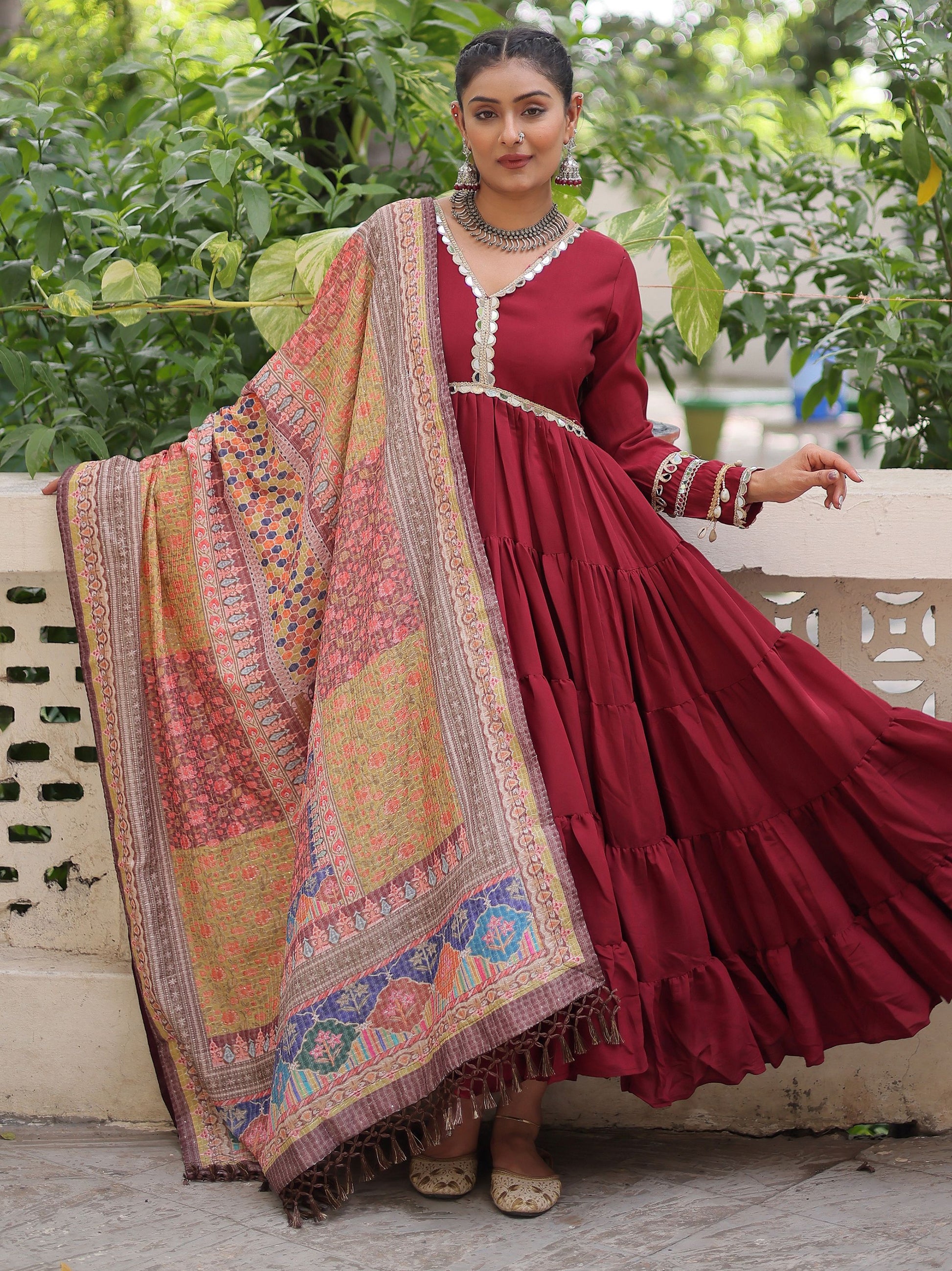 Wonderful Maroon Lace Work Roman Silk Wedding Wear Gown With Dupatta