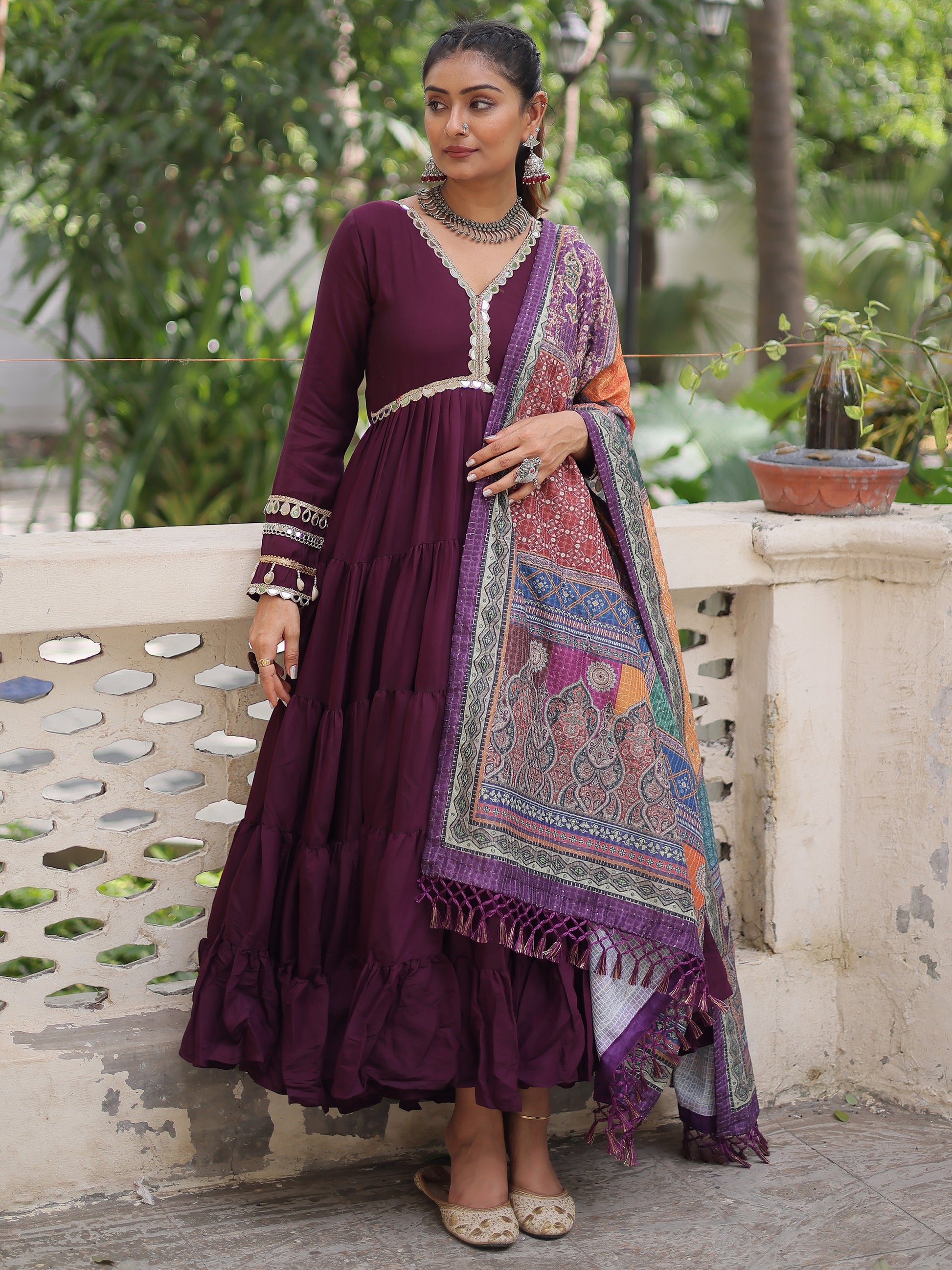 Aesthetic Wine Roman Silk Event Wear Gown With Printed Dupatta