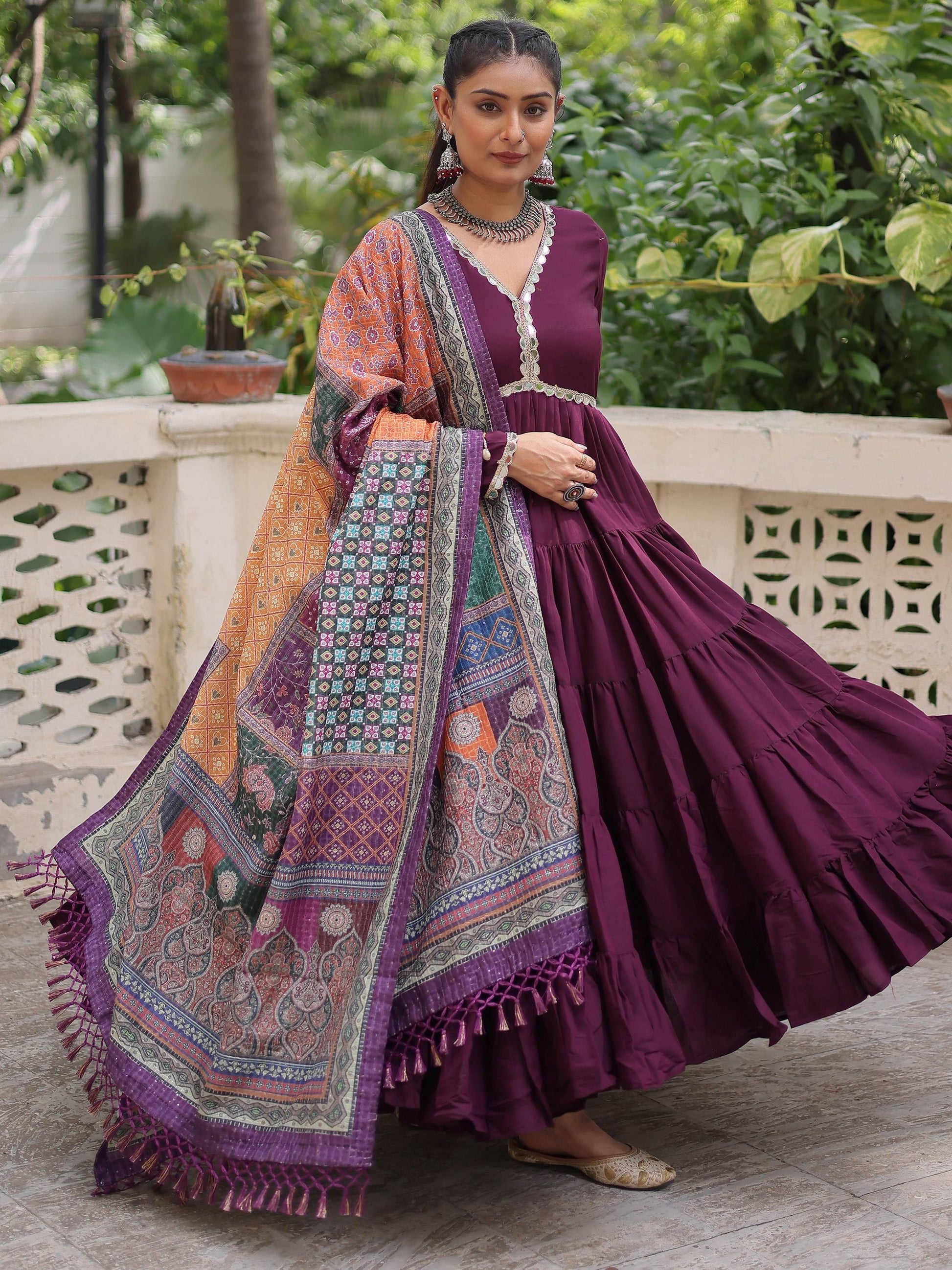 Aesthetic Wine Roman Silk Event Wear Gown With Printed Dupatta