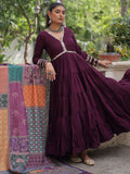 Aesthetic Wine Roman Silk Event Wear Gown With Printed Dupatta