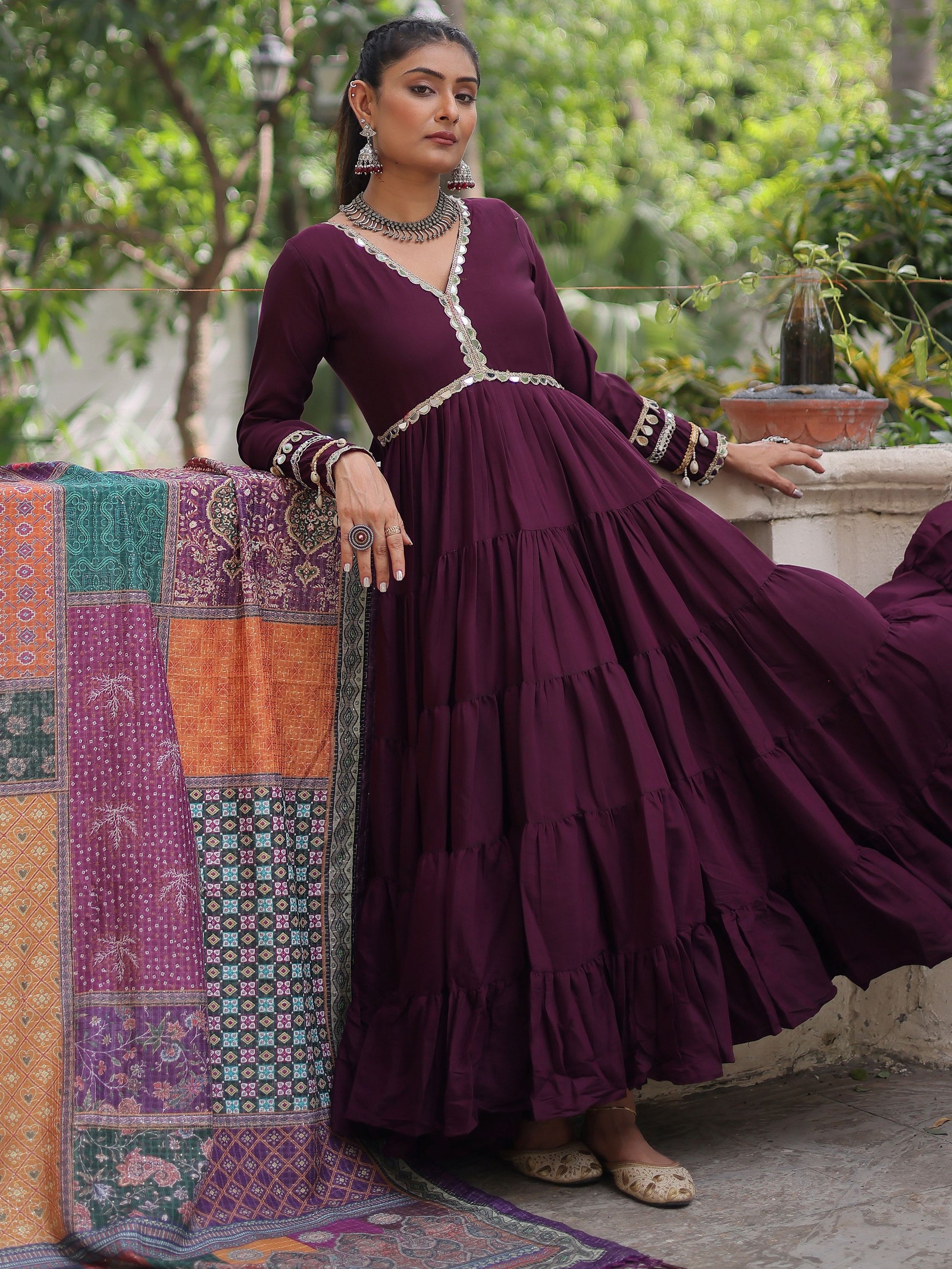 Aesthetic Wine Roman Silk Event Wear Gown With Printed Dupatta