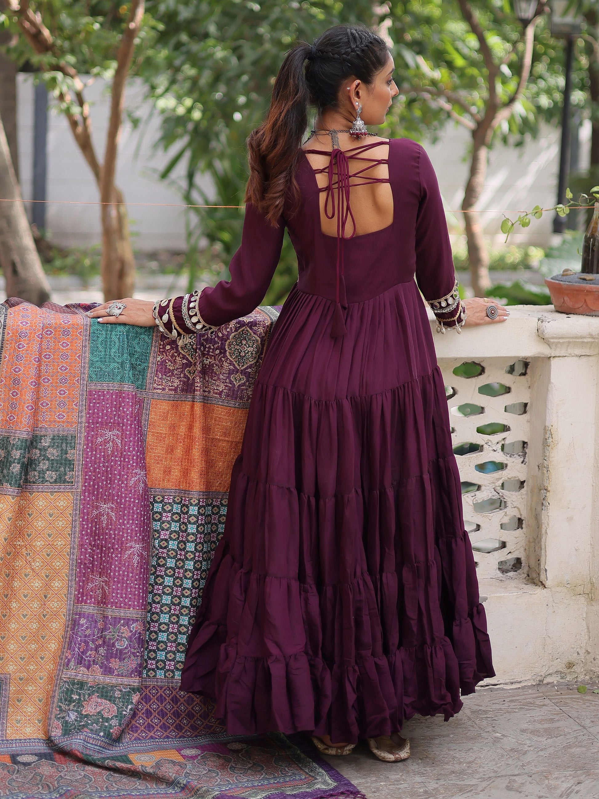 Aesthetic Wine Roman Silk Event Wear Gown With Printed Dupatta
