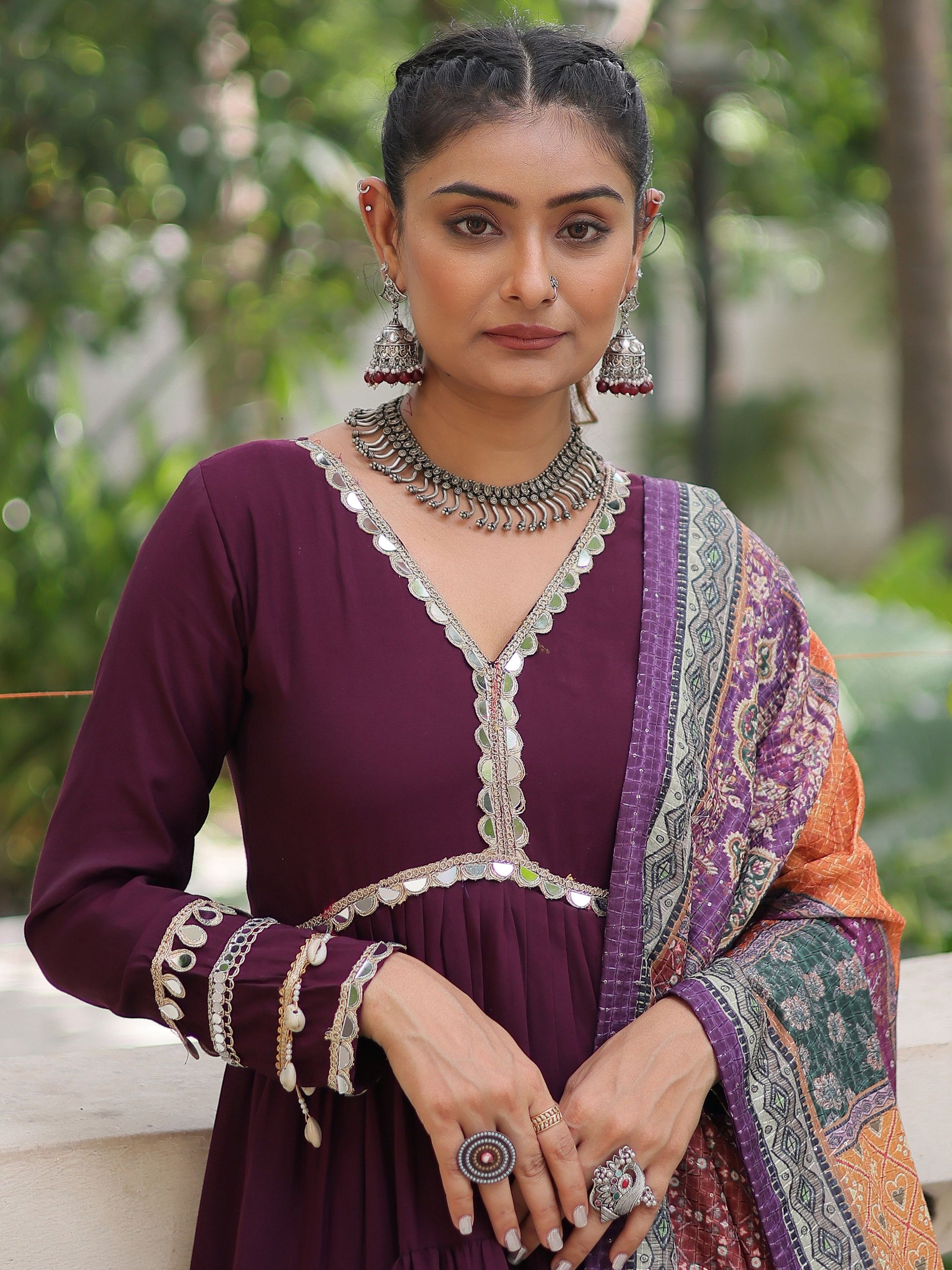 Aesthetic Wine Roman Silk Event Wear Gown With Printed Dupatta