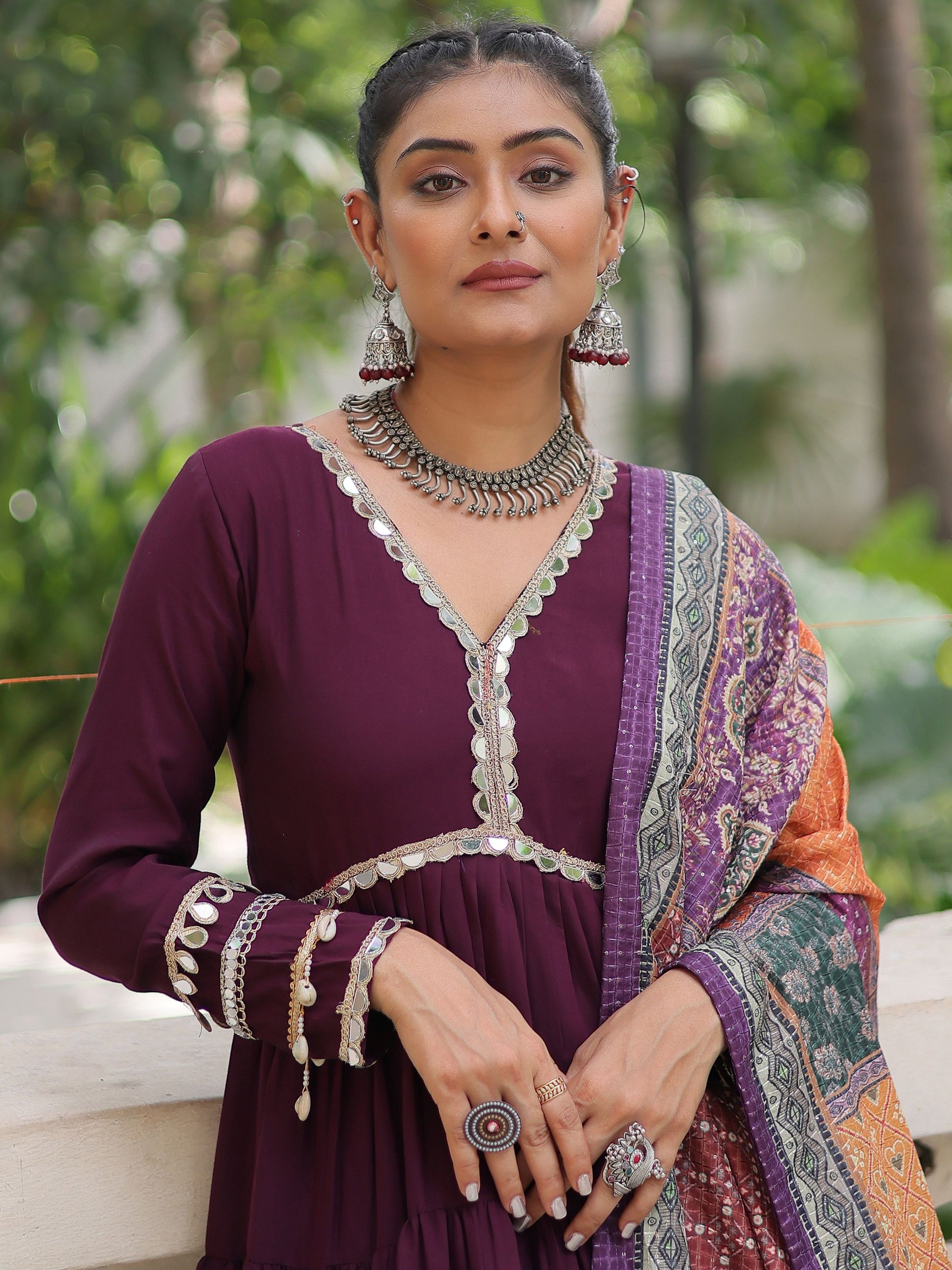 Aesthetic Wine Roman Silk Event Wear Gown With Printed Dupatta
