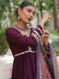 Aesthetic Wine Roman Silk Event Wear Gown With Printed Dupatta