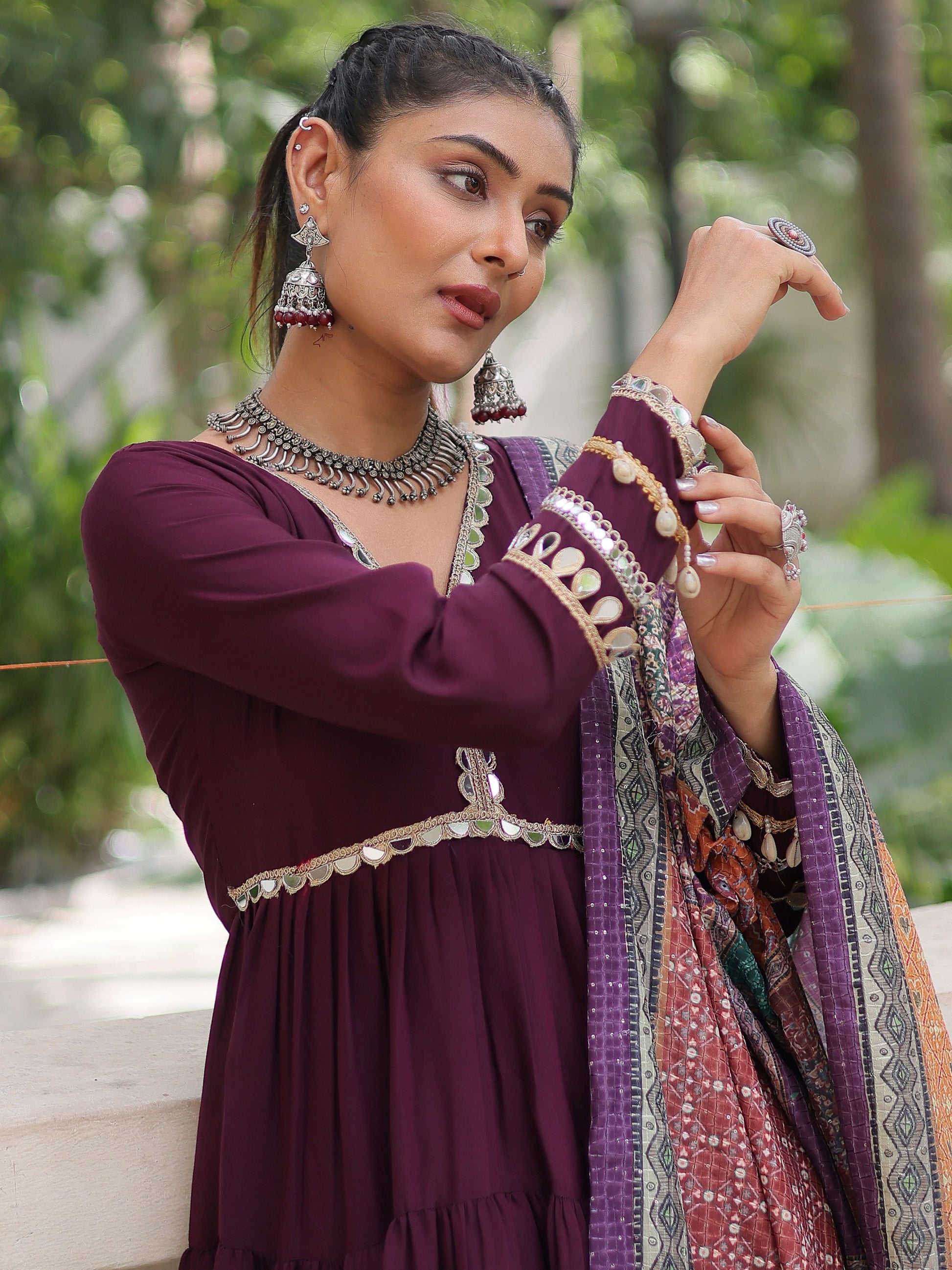 Aesthetic Wine Roman Silk Event Wear Gown With Printed Dupatta