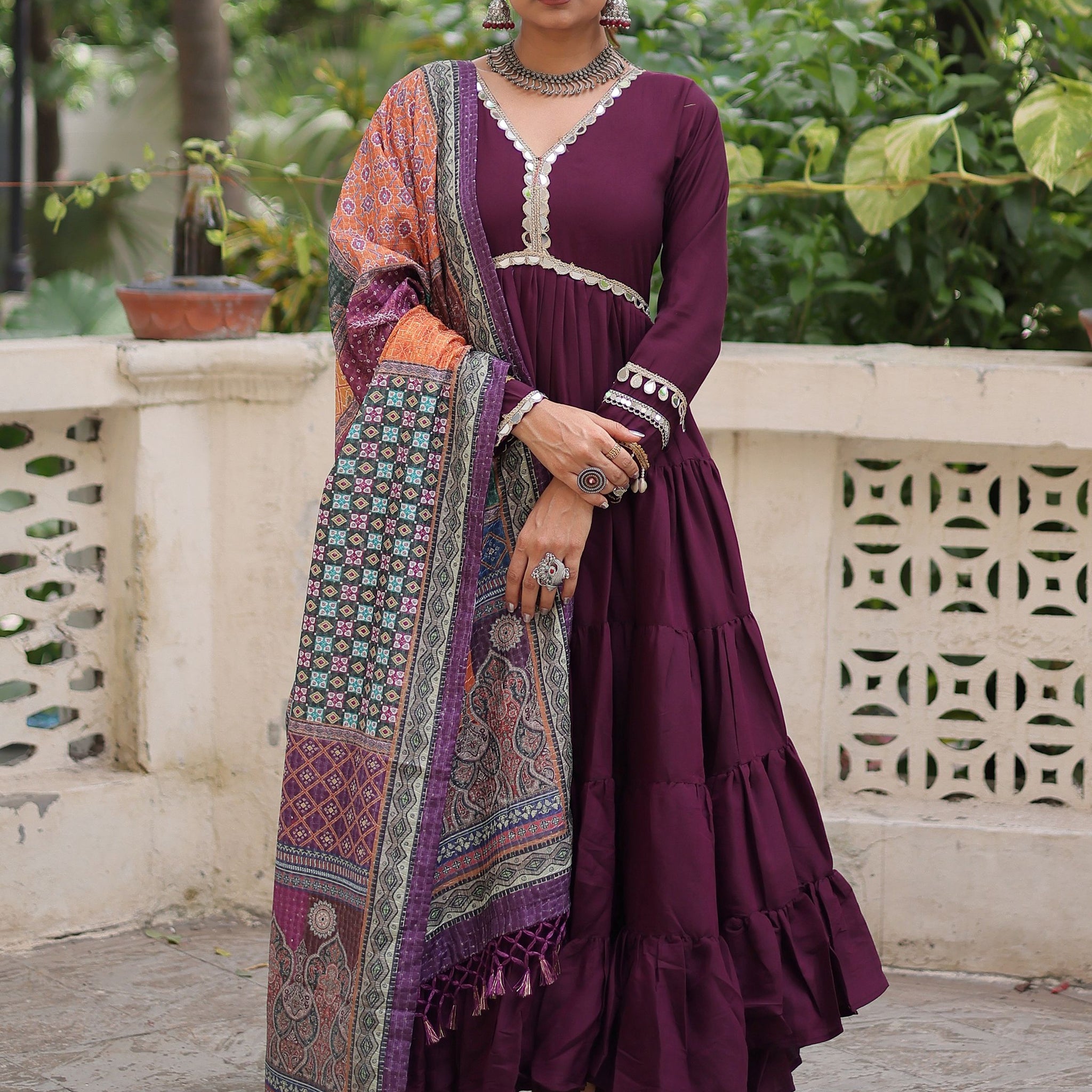 Aesthetic Wine Roman Silk Event Wear Gown With Printed Dupatta